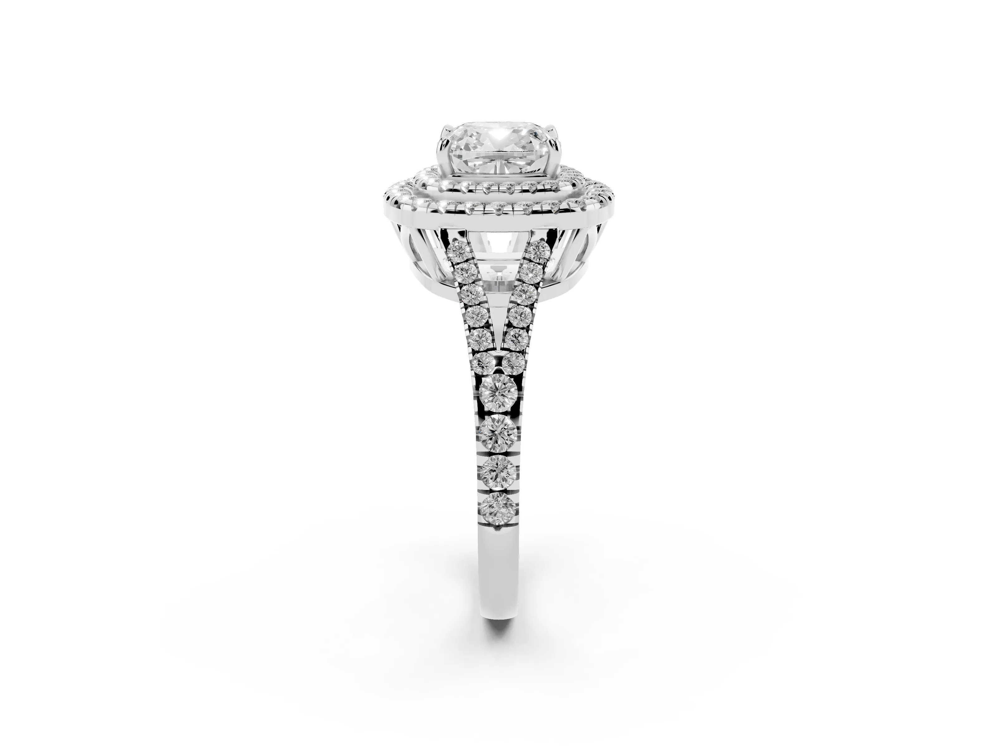 Cushion Cut Diamond Double Halo Ring Set in Platinum with Pavé Band