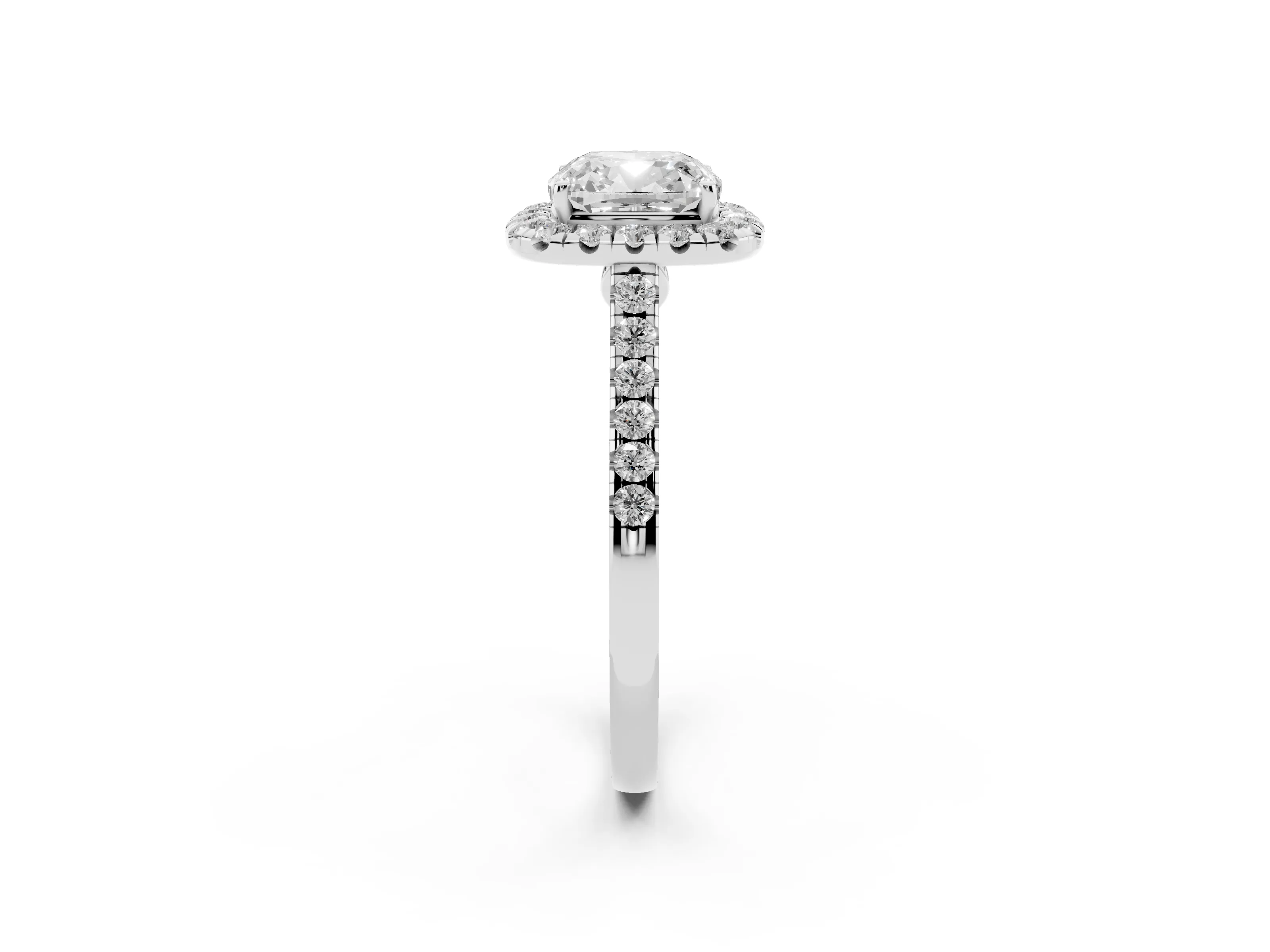 Cushion Cut Diamond Halo Pavé Engagement Ring Set in White gold with Prong Setting
