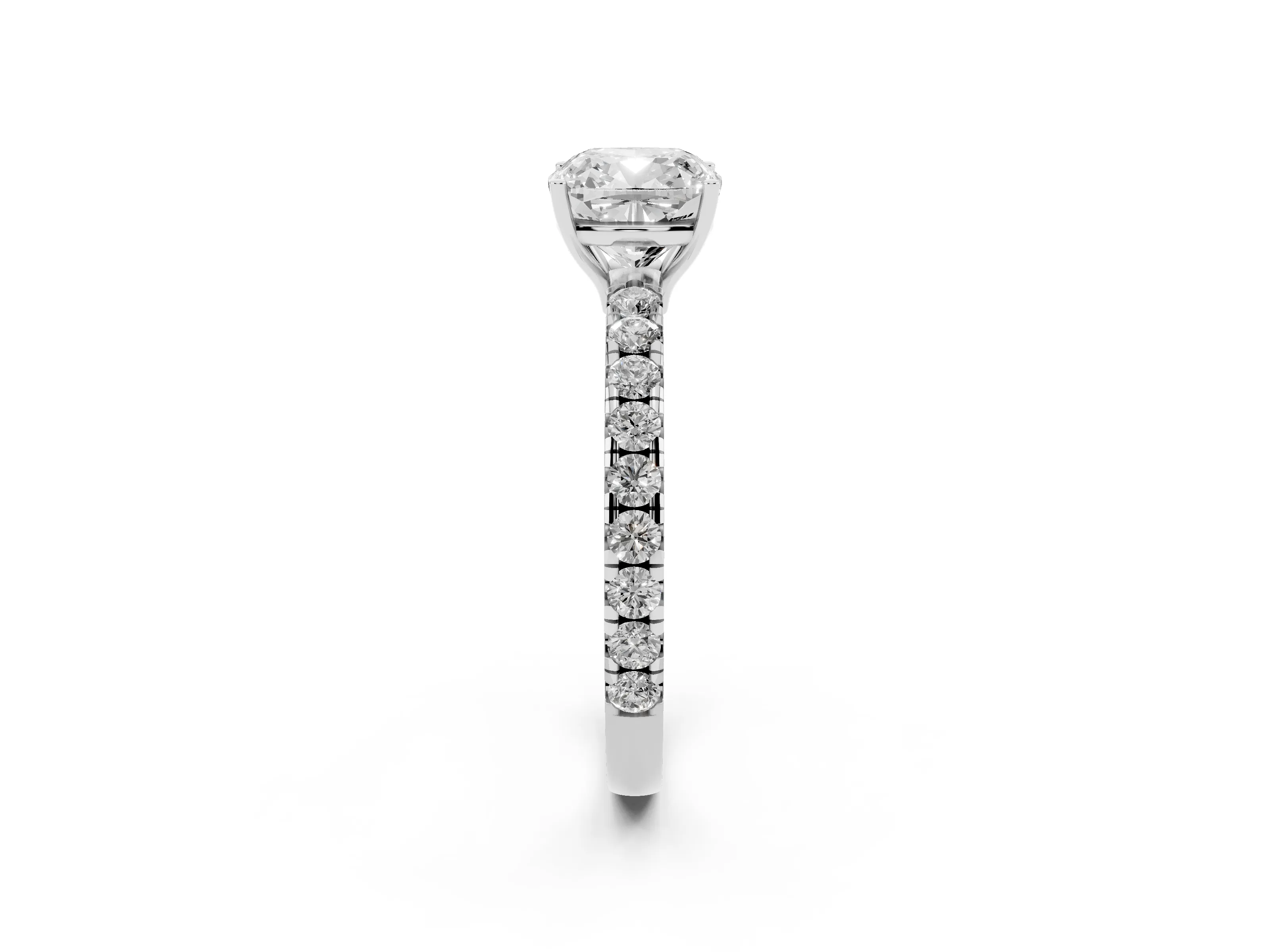 Cushion Cut Diamond Pavé Solitaire Engagement Ring Set in Platinum with Prong Setting
