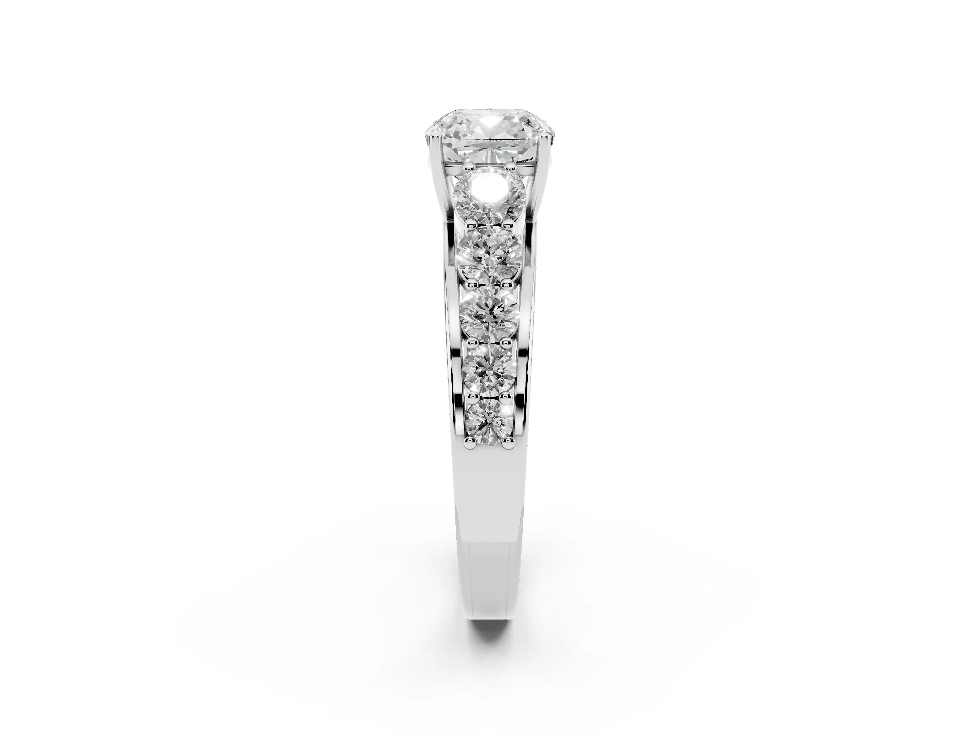 Cushion Cut Diamond Solitaire Ring Set in White gold with Pavé-Set Band and Prong Setting