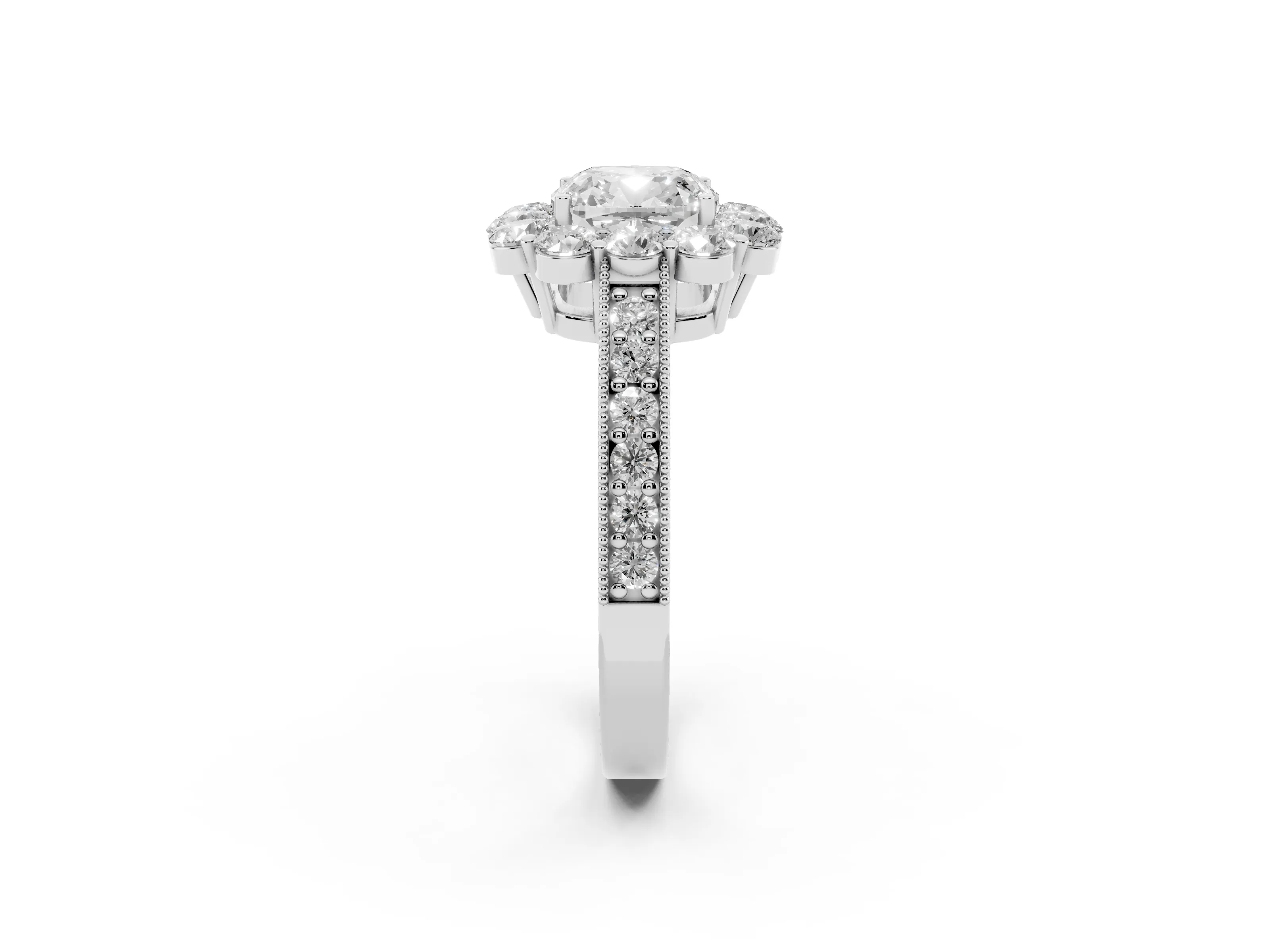 Cushion Cut Diamond Halo Pavé Engagement Ring Set in White gold with Milgrain Detailing