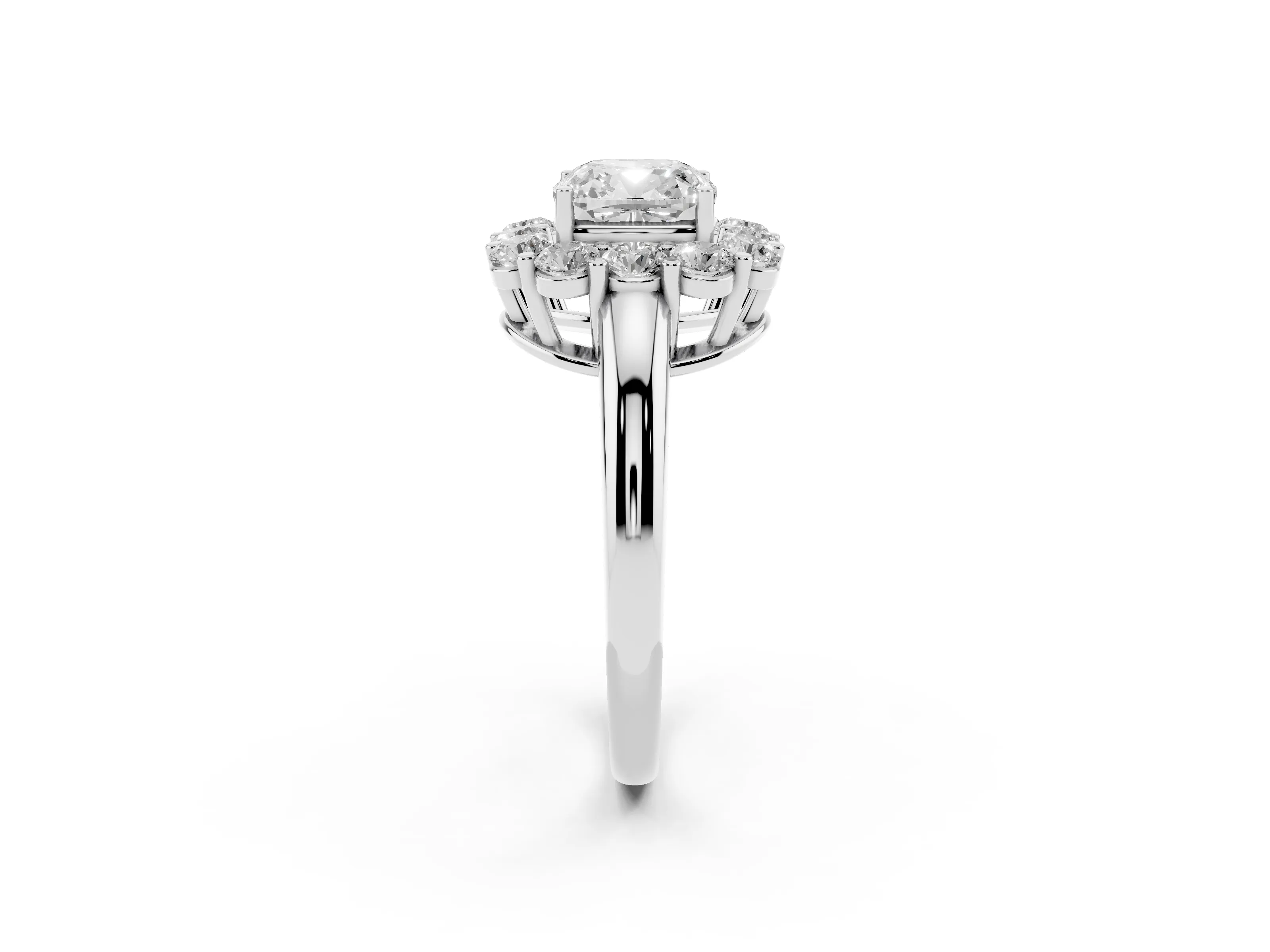 Cushion Cut Diamond Halo Cluster Engagement Ring Set in White gold with Polished Band and Prong Setting
