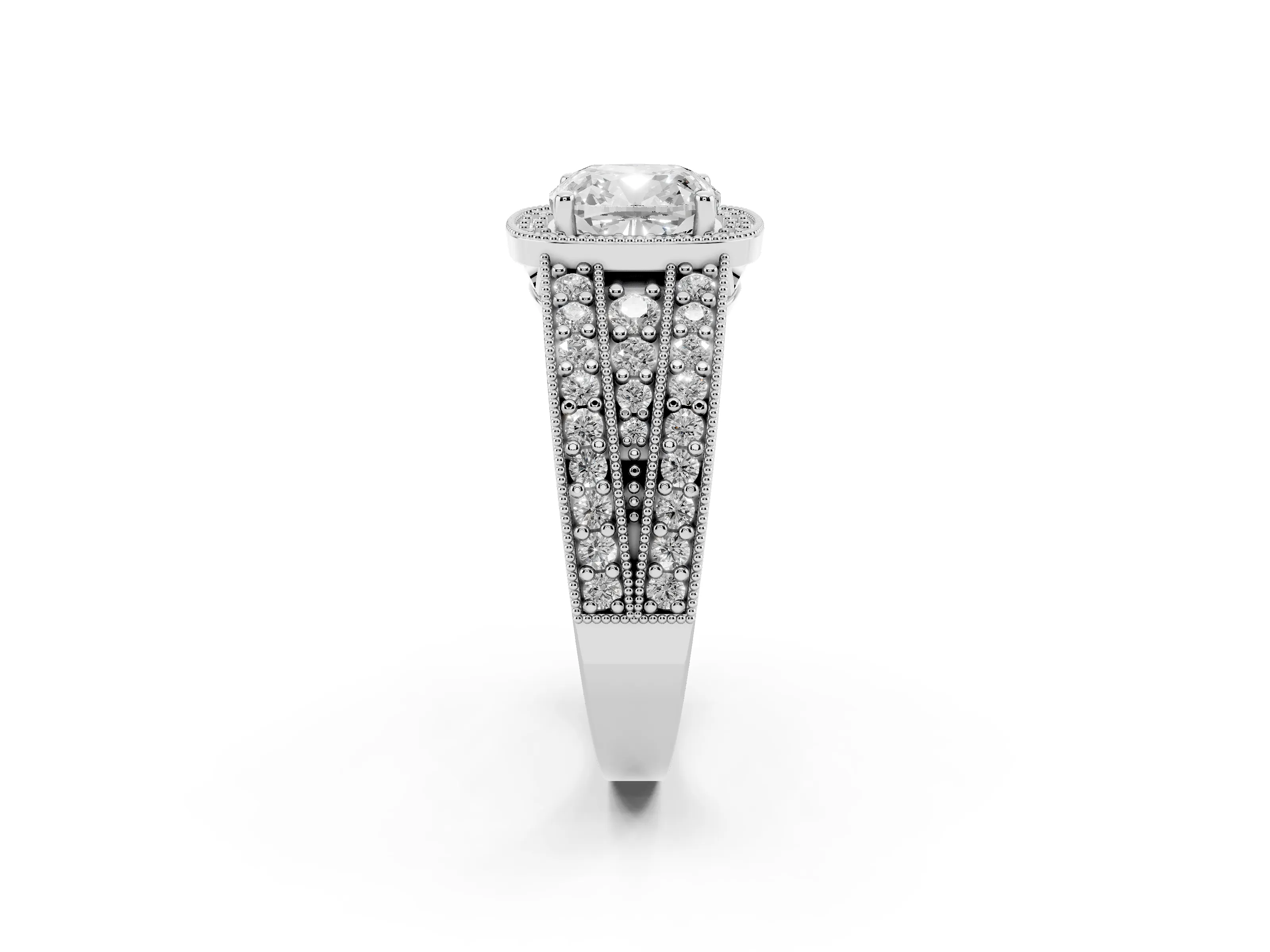 Cushion Cut Diamond Halo Ring Set in Silver with Accent Split Shank and Prong Setting