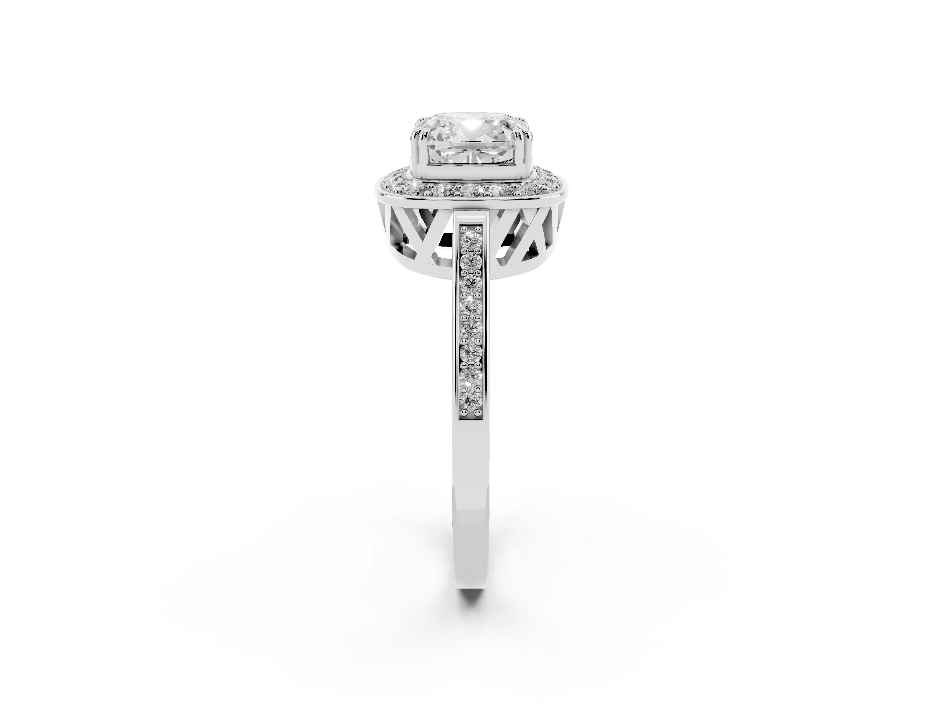 Cushion Cut Diamond Halo Ring Set in Platinum with Accent-Lined Split Shank and Prong Setting