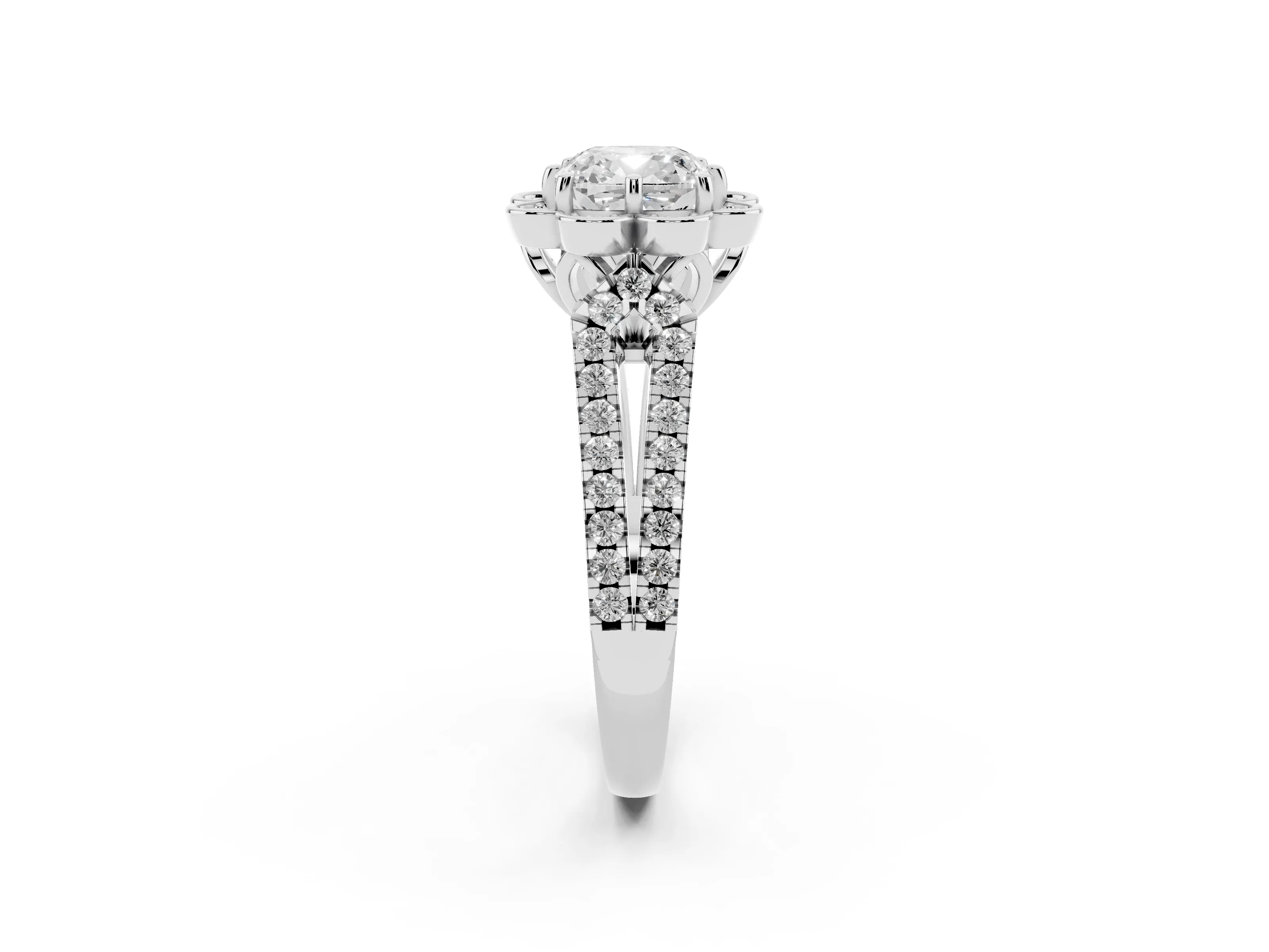 Cushion Cut Diamond Floral Halo Split Shank Engagement Ring Set in Platinum with Pavé Shank