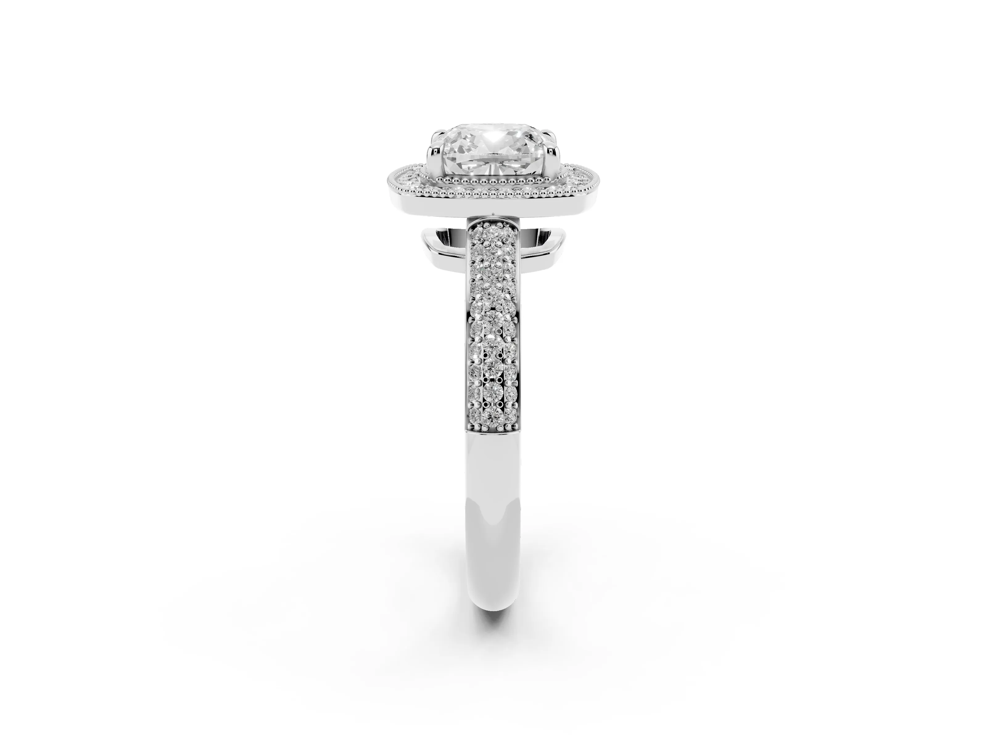 Cushion Cut Diamond Halo Pavé Band Set in Platinum with Prong Setting