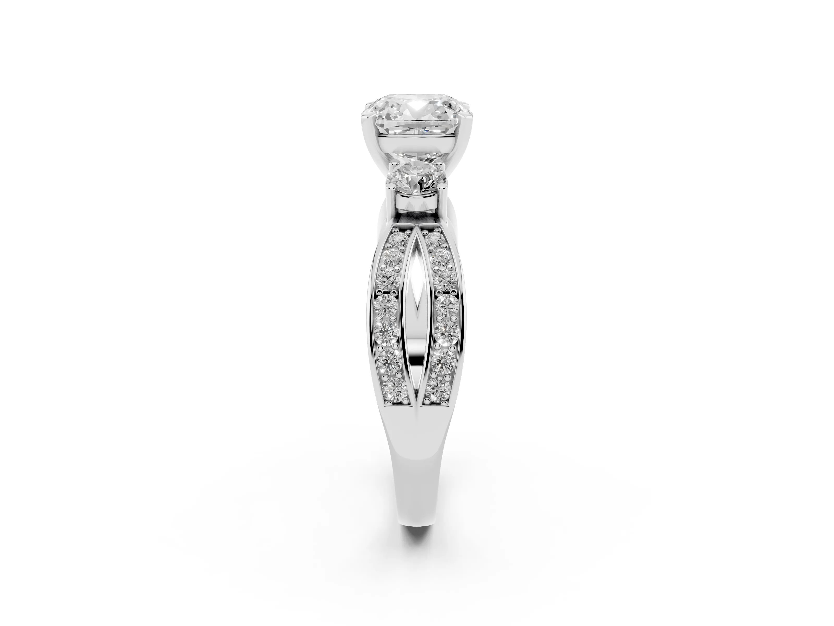 Three-Stone Cushion Cut Diamond Twist Band Ring Set in Silver with Pavé Accents and Prong Setting
