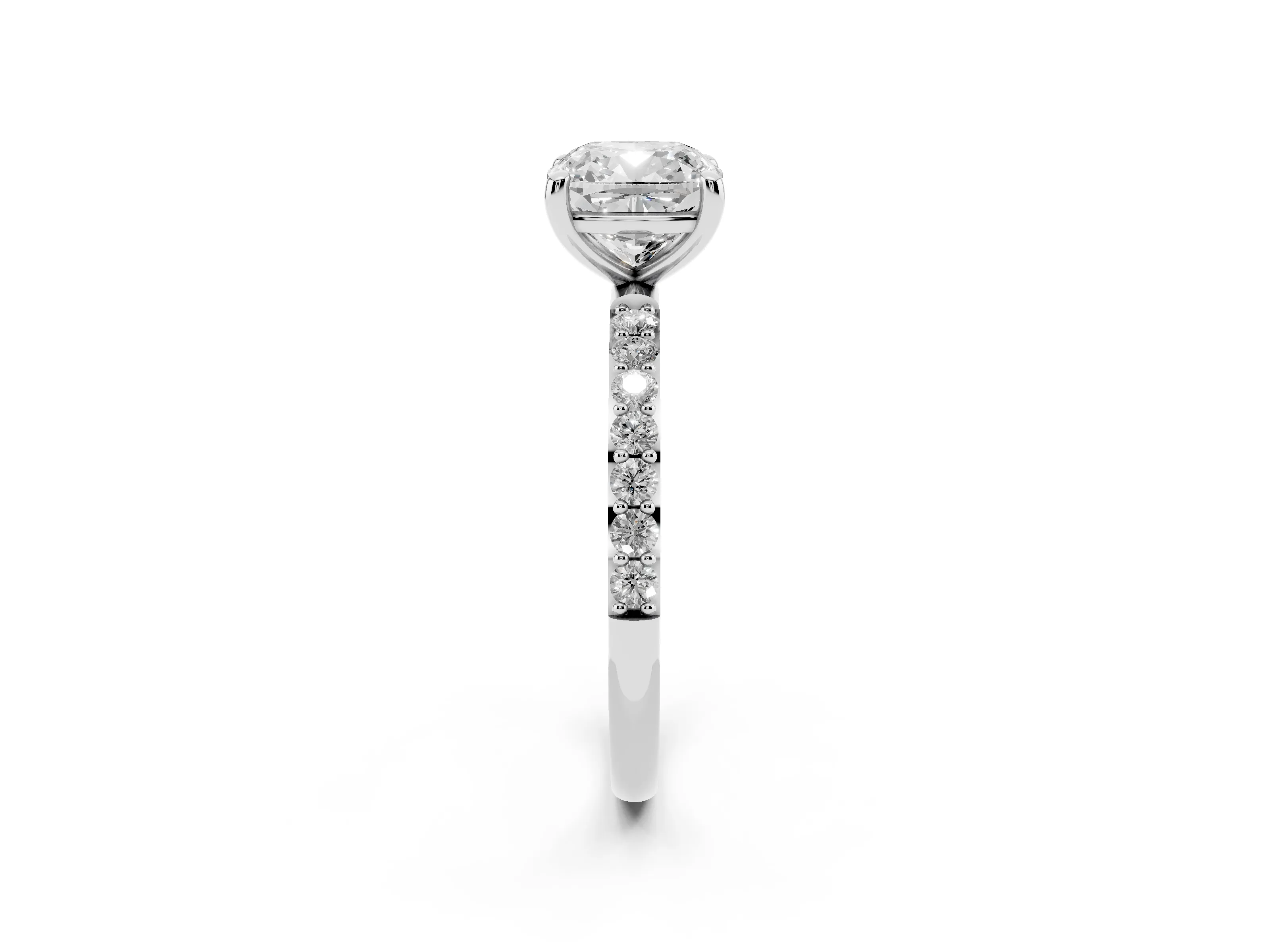Cushion Cut Diamond Solitaire Ring Set in Platinum with Round Pavé Band and Prong Setting