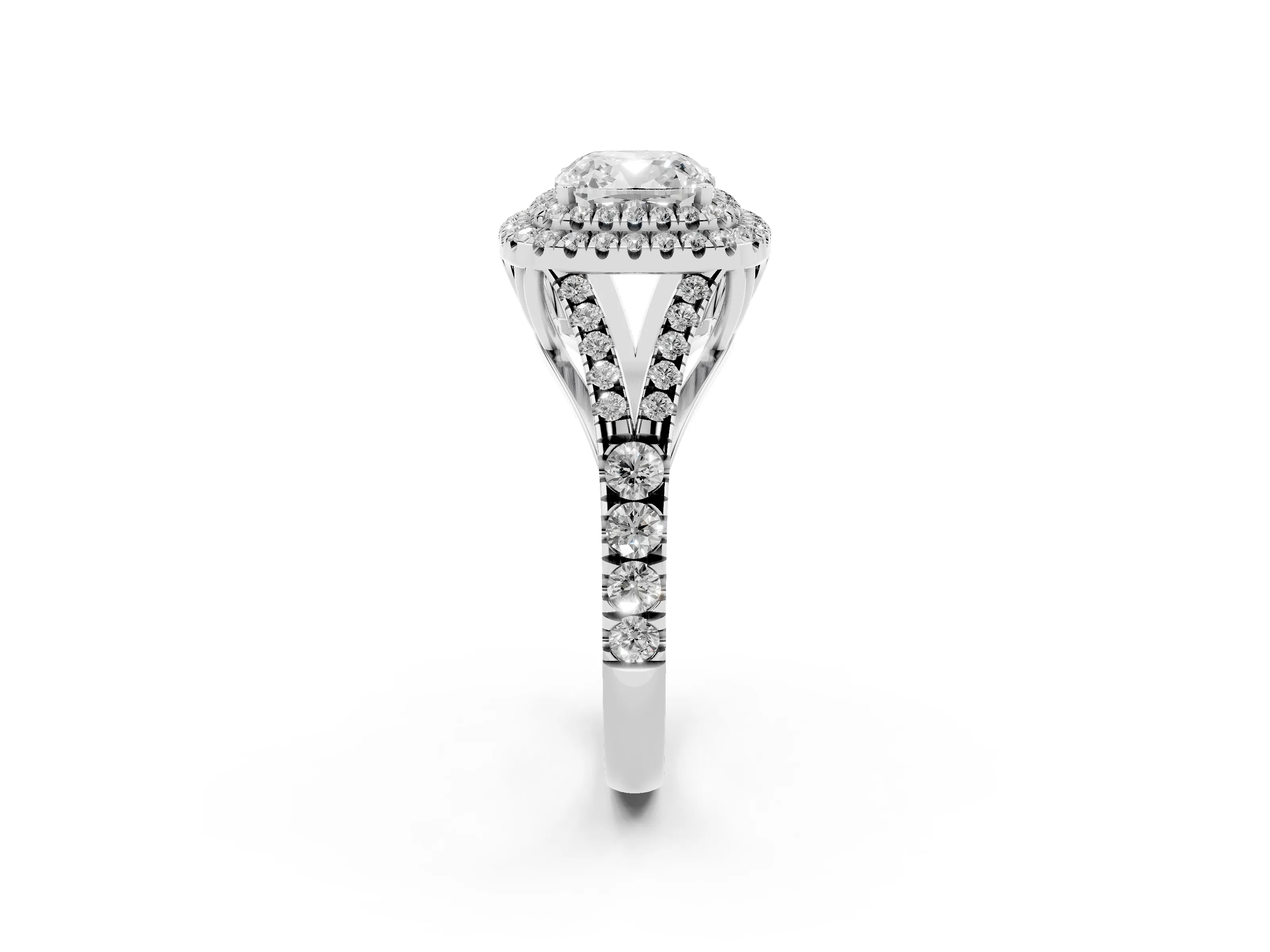 Cushion Cut Diamond Pavé Split Shank Double Halo Engagement Ring Set in Silver