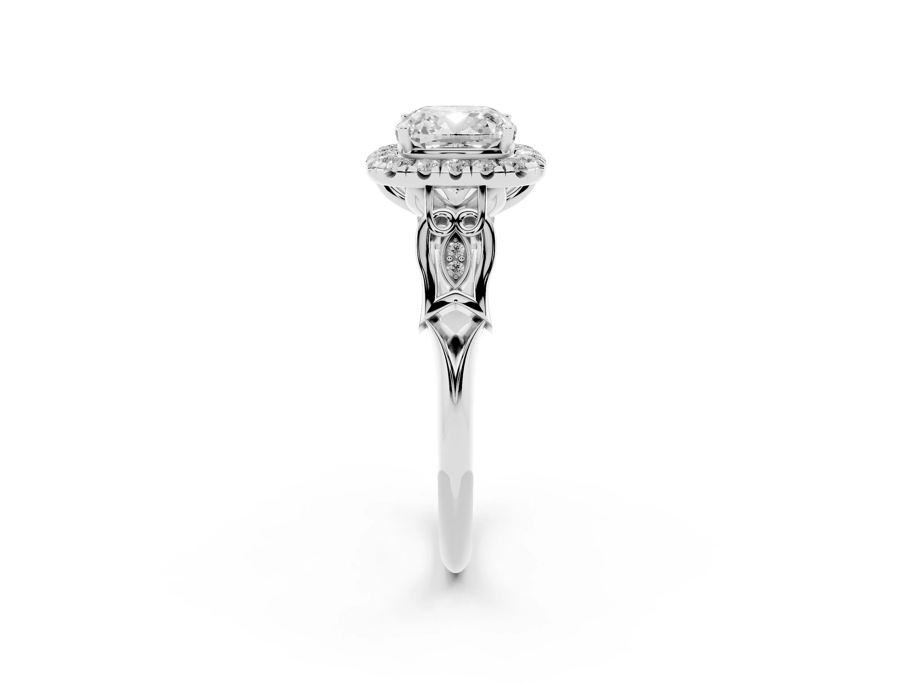 Cushion Cut Diamond Halo Engagement Ring Set in Platinum with Filigree Band and Prong-Set Center