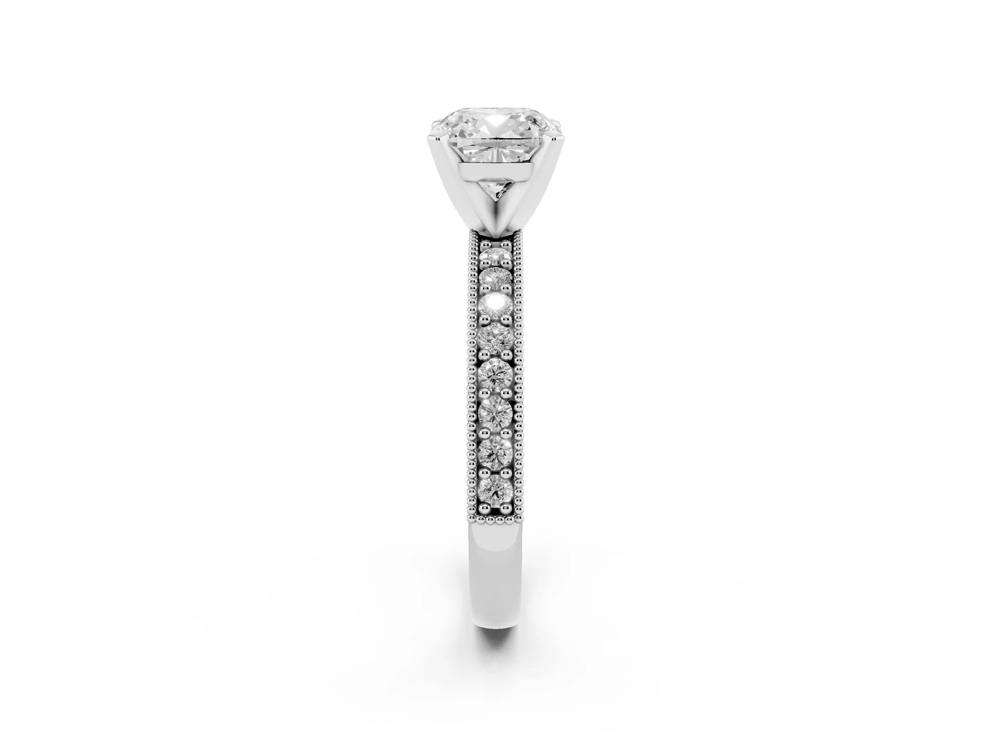 Cushion Cut Diamond Milgrain Pavé Engagement Ring Set in Silver with Prong Setting