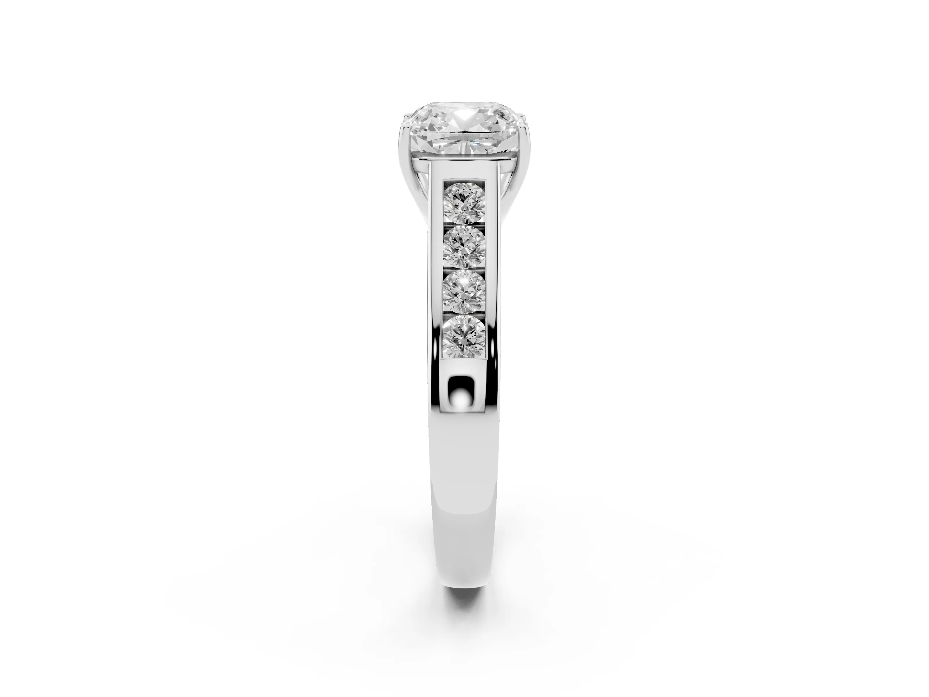 Cushion Cut Diamond Brilliant Channel-Set Solitaire Ring Set in Platinum with Prong Setting