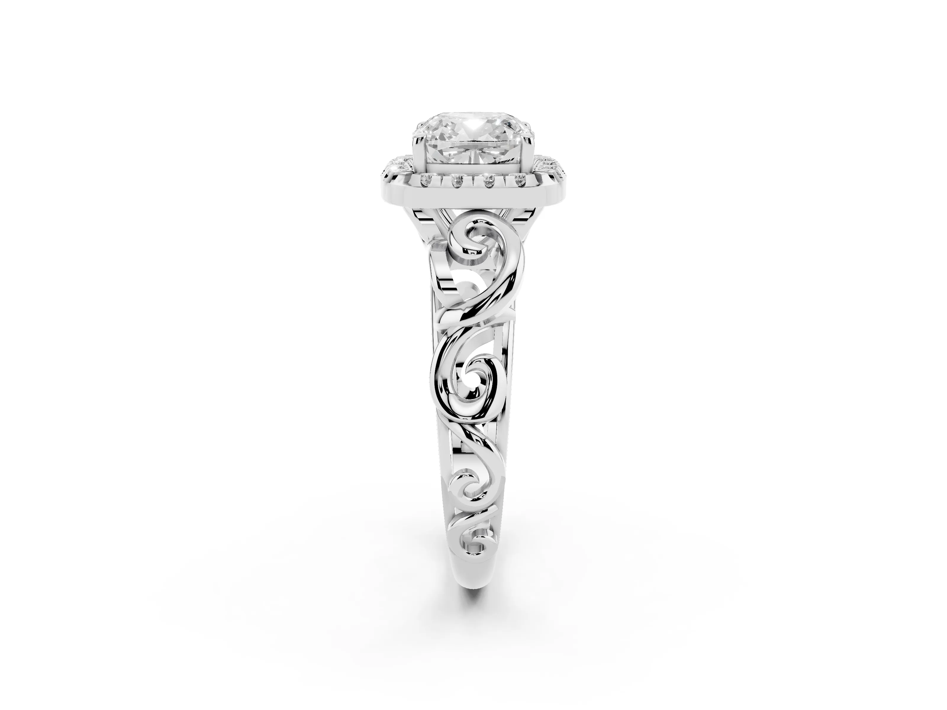 Cushion Cut Diamond Halo Ring Set in Platinum with Scrollwork Band and Prong Setting