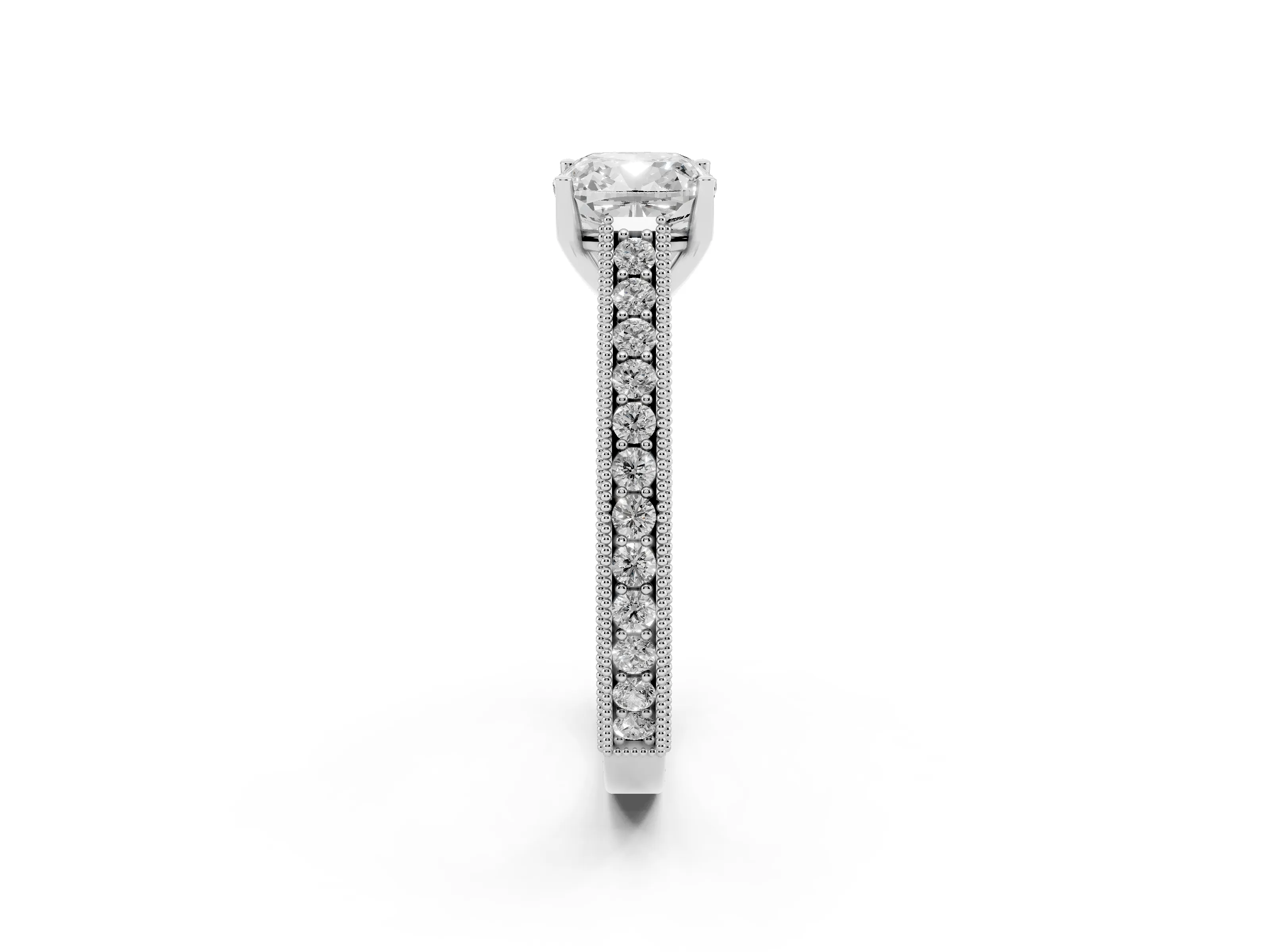 Cushion Cut Diamond Milgrain Pavé Band Solitaire Ring Set in Platinum with Prong Setting