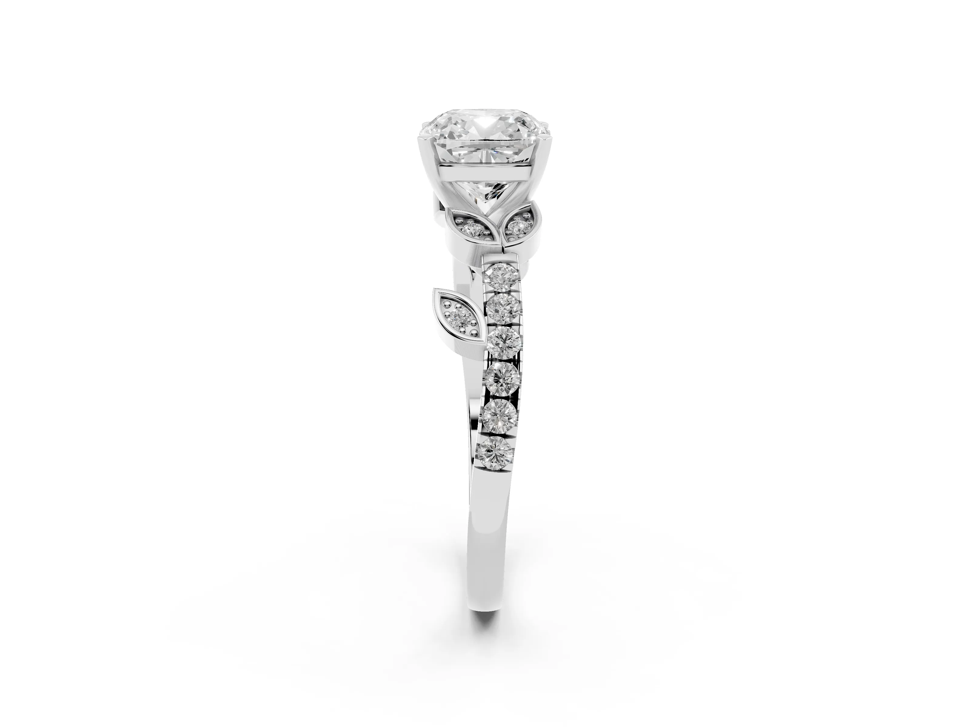 Cushion Cut Diamond Solitaire Leaf-Inspired Ring Set in Platinum with Pavé Band and Prong Setting