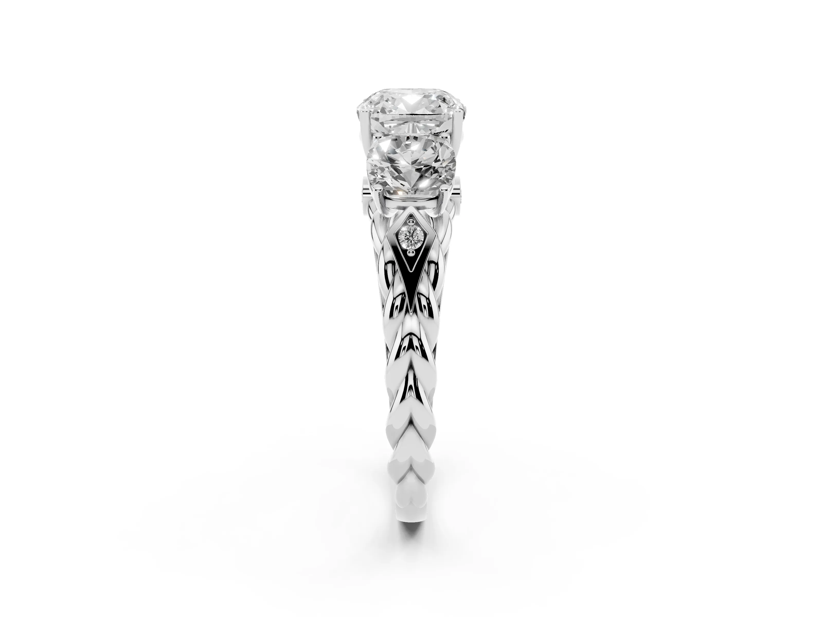 Cushion Cut Diamond Three-Stone Ring Set in Platinum with Braided Band