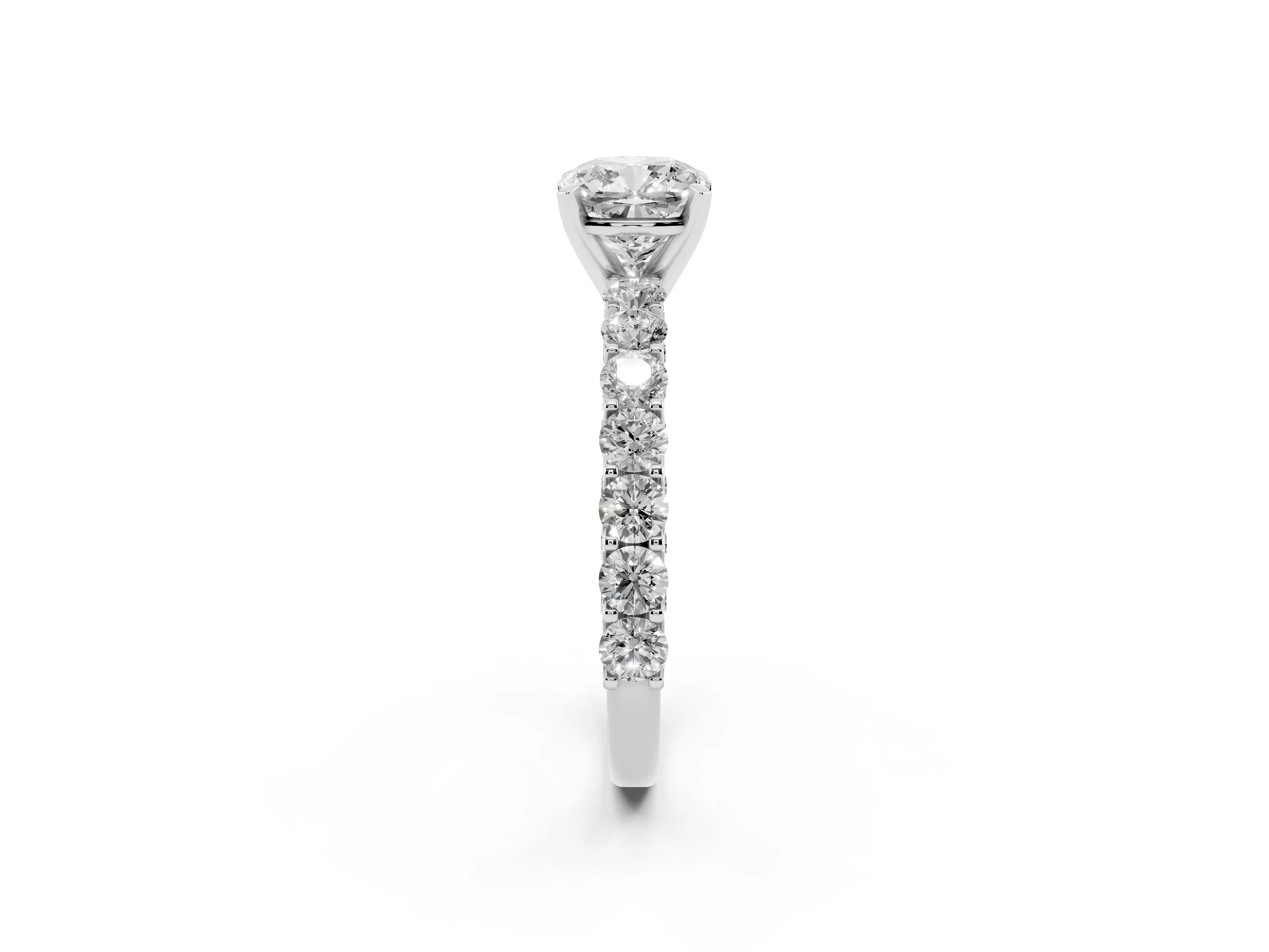 Cushion Cut Diamond Solitaire Ring Set in Silver with Shared Prong Pavé Band