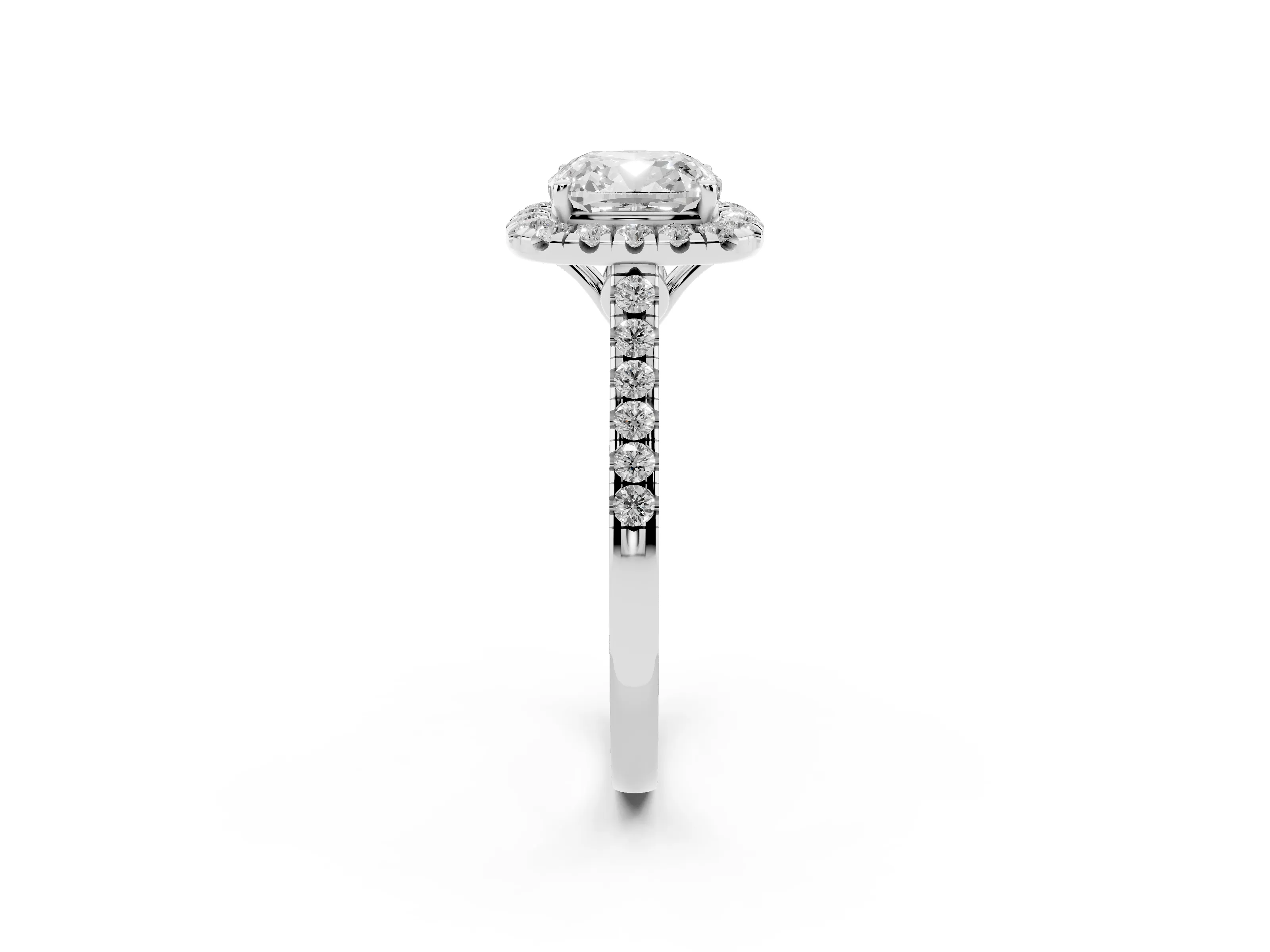 Cushion Cut Diamond Pavé Halo Engagement Ring Set in Silver with Pavé Band and Prong Setting