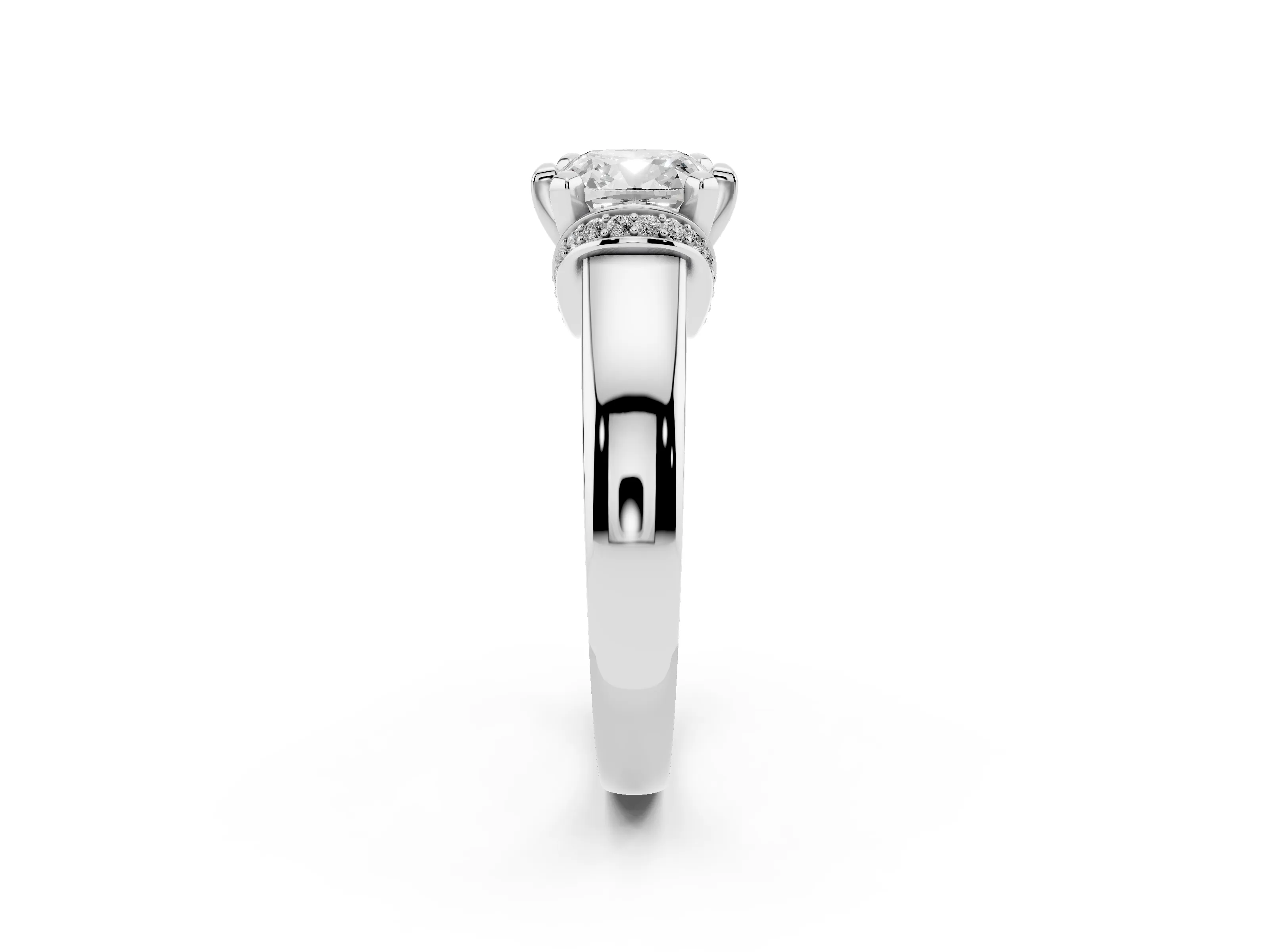 Cushion Cut Diamond Pavé Band Solitaire Ring Set in White gold with Prong Setting