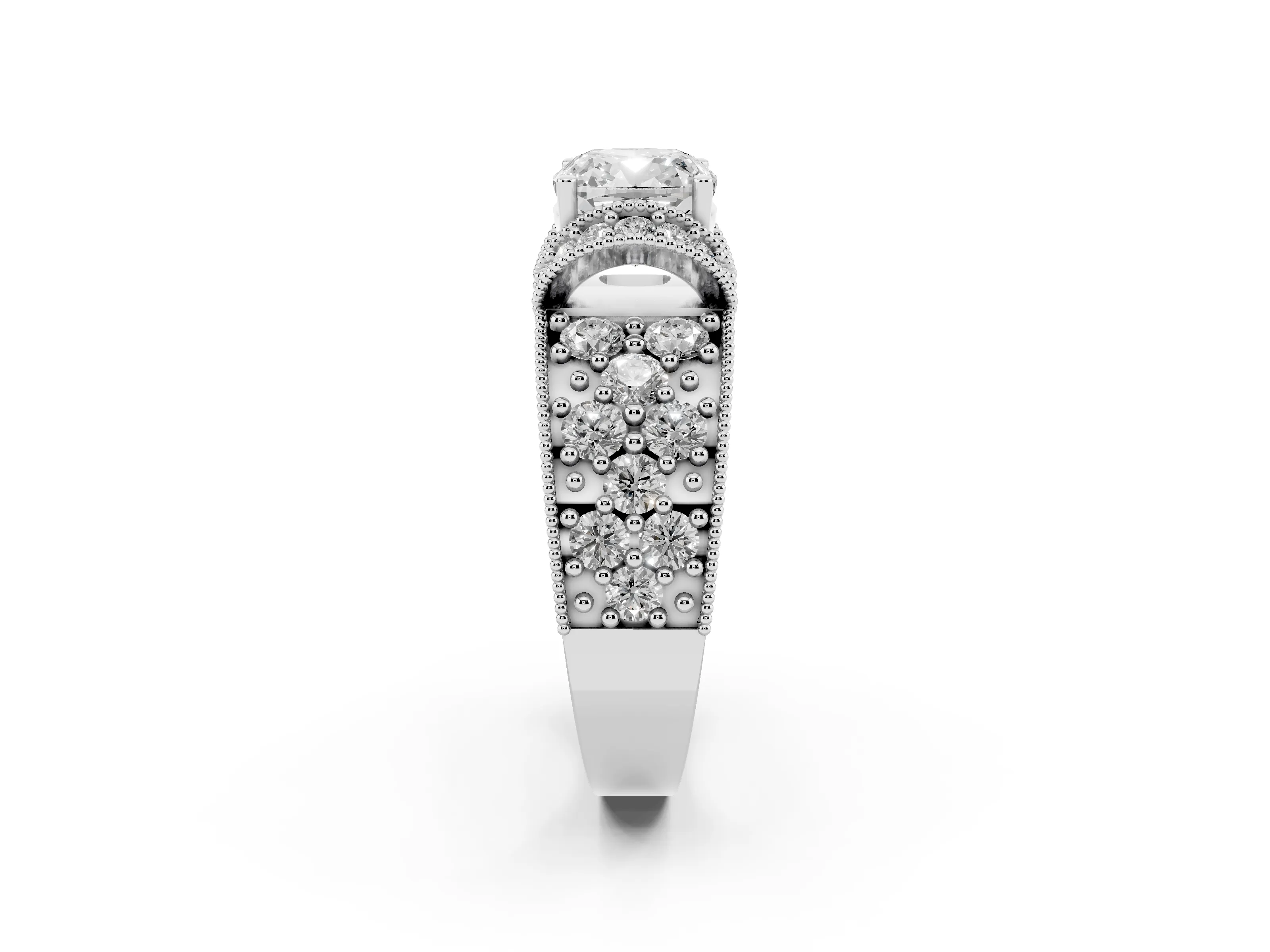Cushion Cut Diamond Milgrain Halo Pavé Engagement Ring Set in Silver with Prong Setting