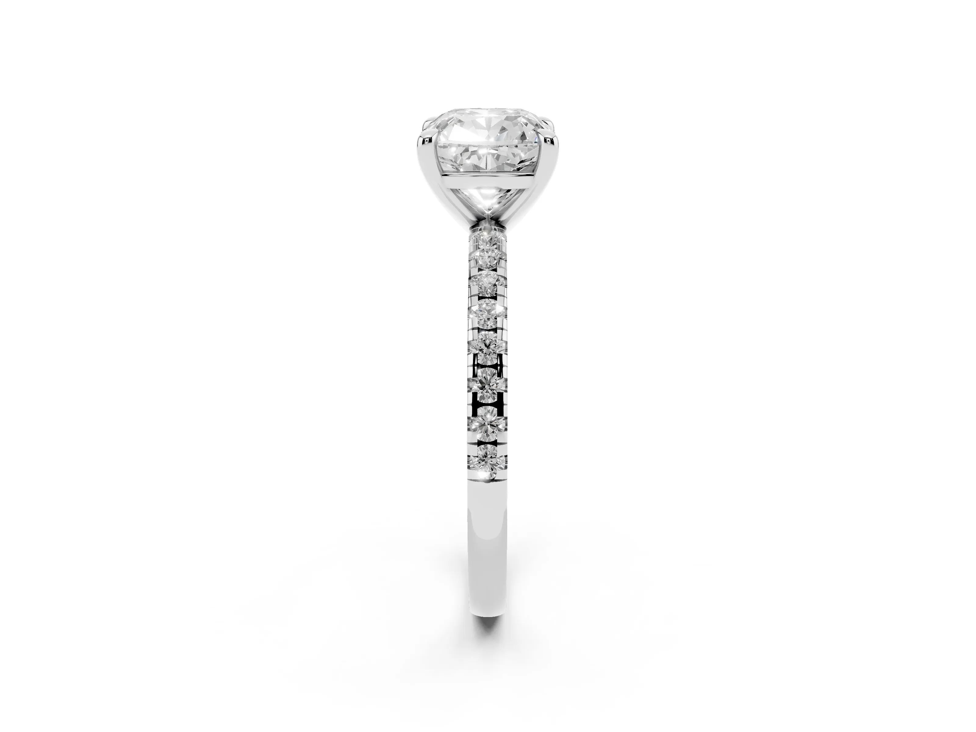 Cushion Cut Diamond Brilliant Solitaire Ring Set in Silver with Pavé Band and Prong Setting