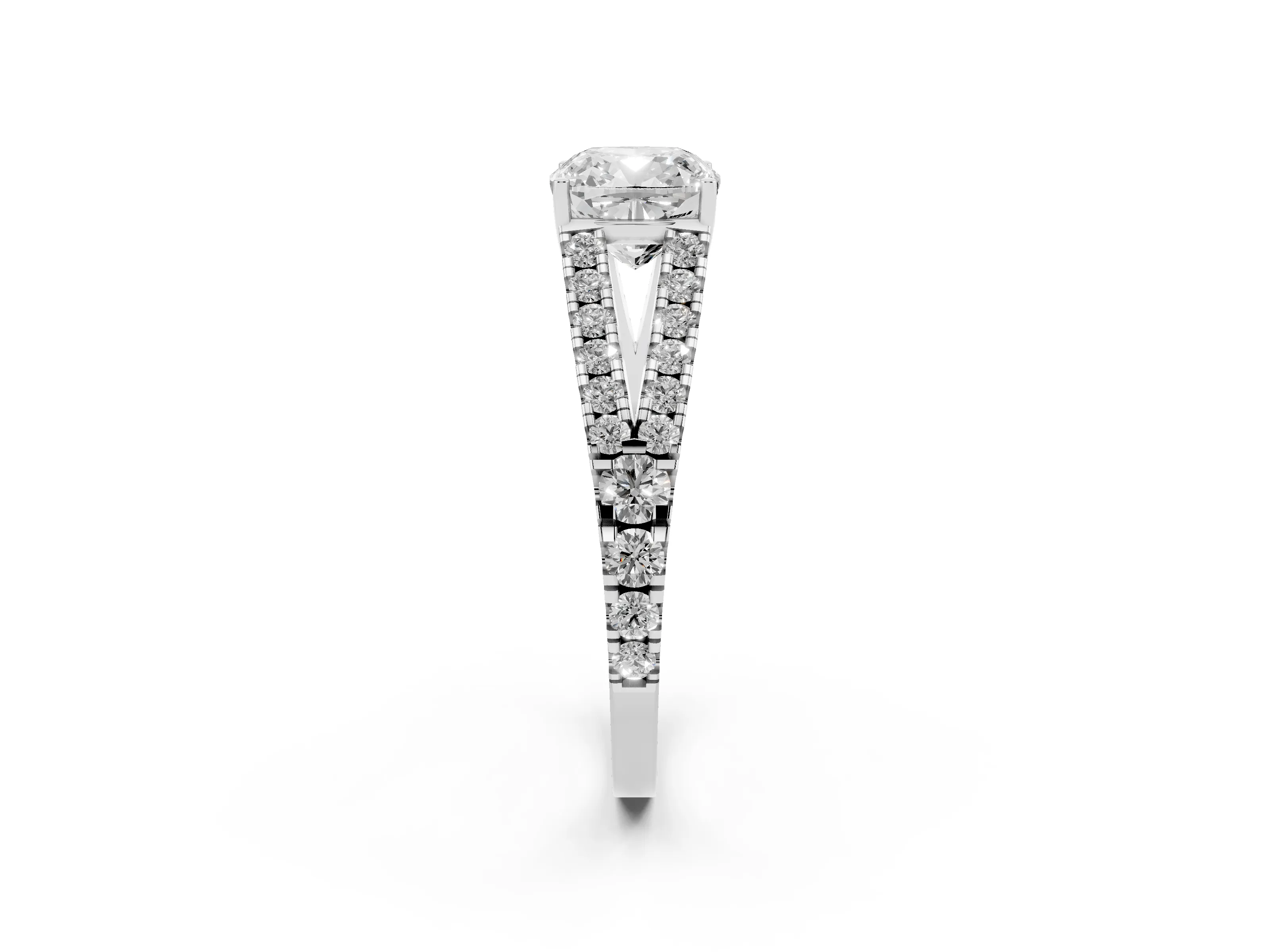 Cushion Cut Diamond Split Shank Pavé Engagement Ring Set in Platinum with Prong-Held Center Stone