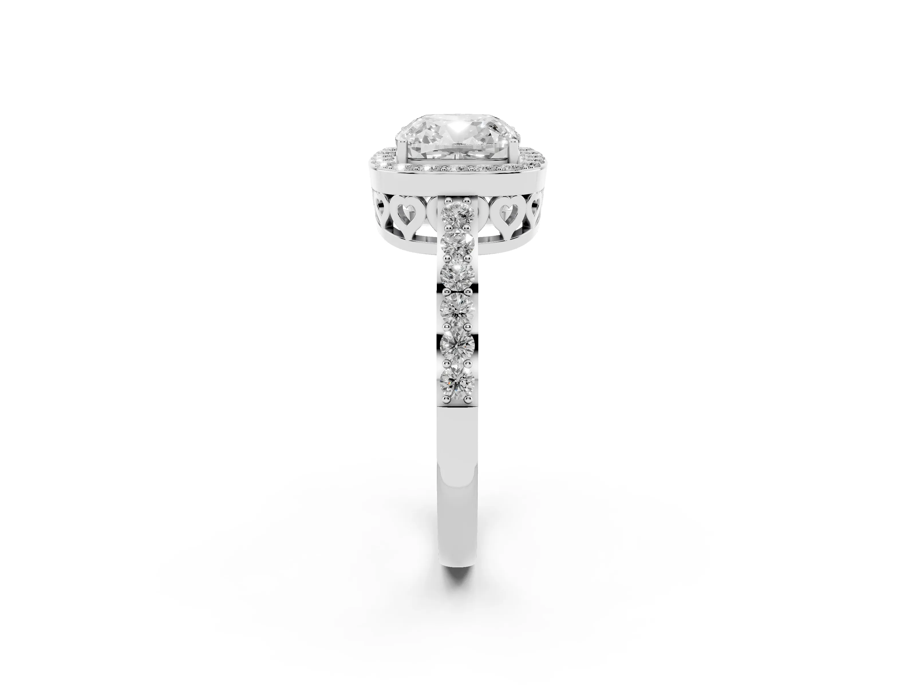 Cushion Cut Diamond Halo Ring Set in White gold with Pavé-Setting Band and Open Prong Center