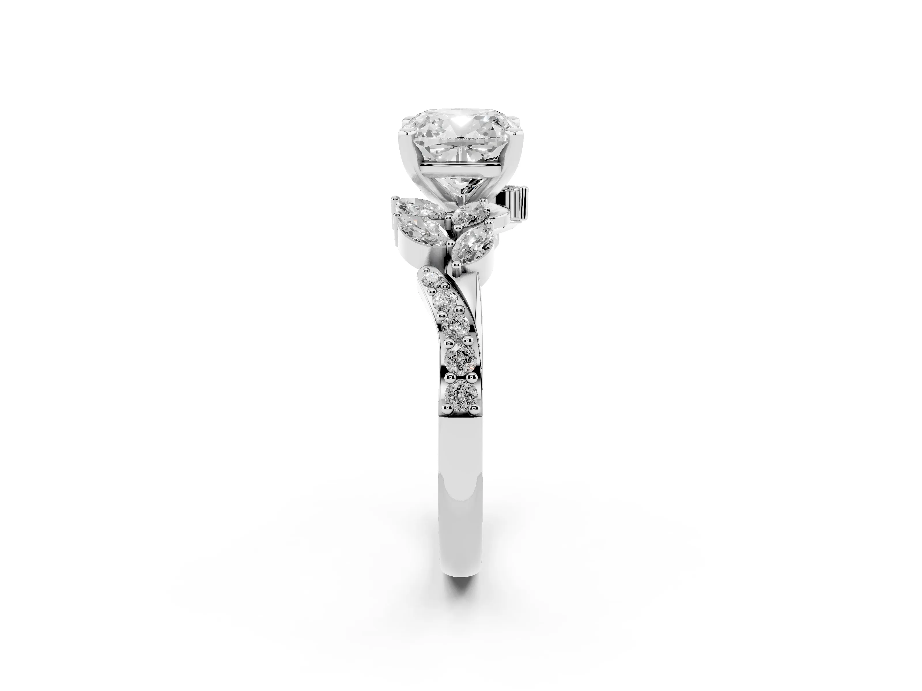 Cushion Cut Diamond Solitaire Ring Set in White gold with Marquise Twist Band and Prong Setting