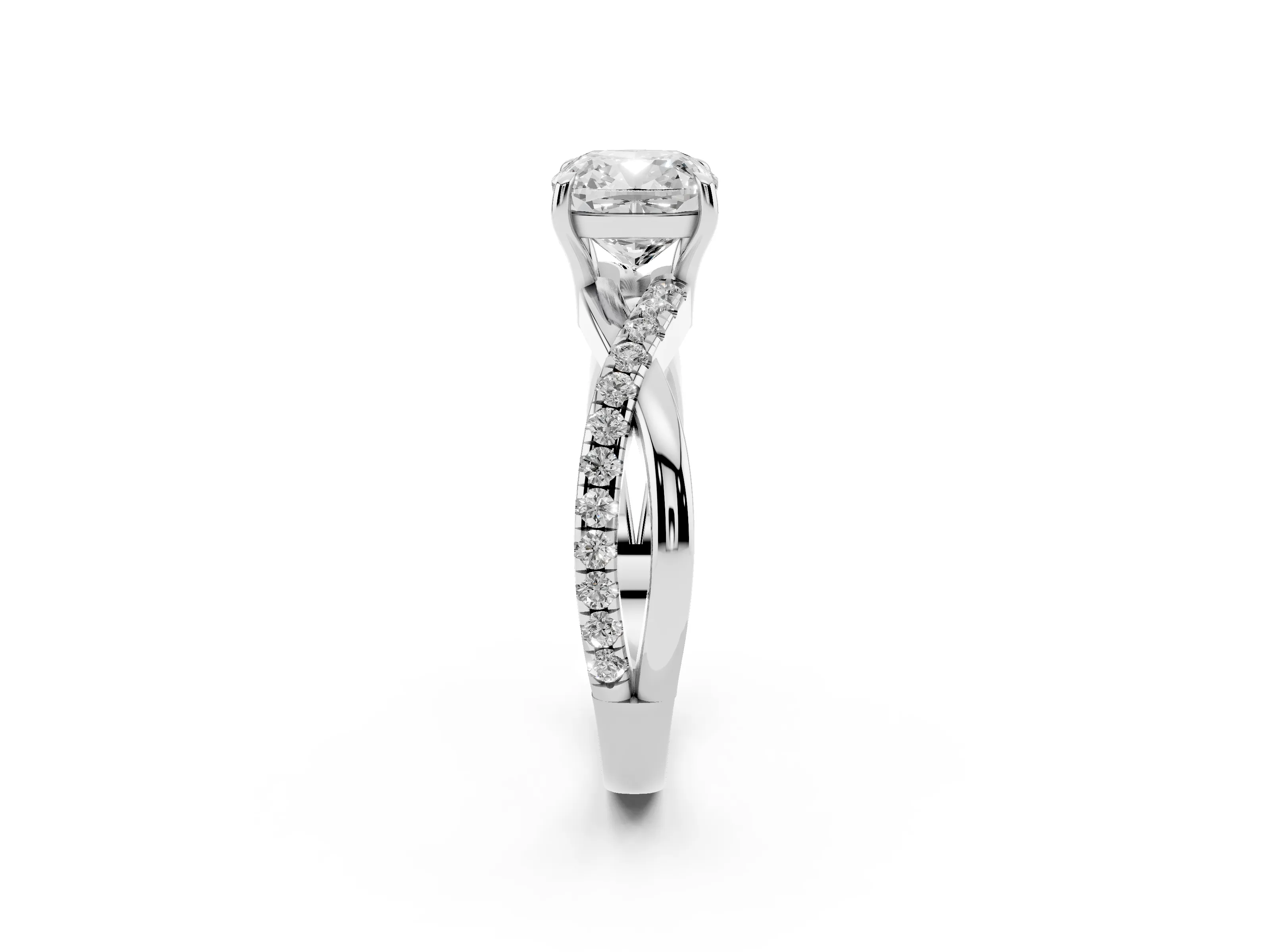 Cushion Cut Diamond Twisted Pavé Band Ring Set in Silver with Prong Setting