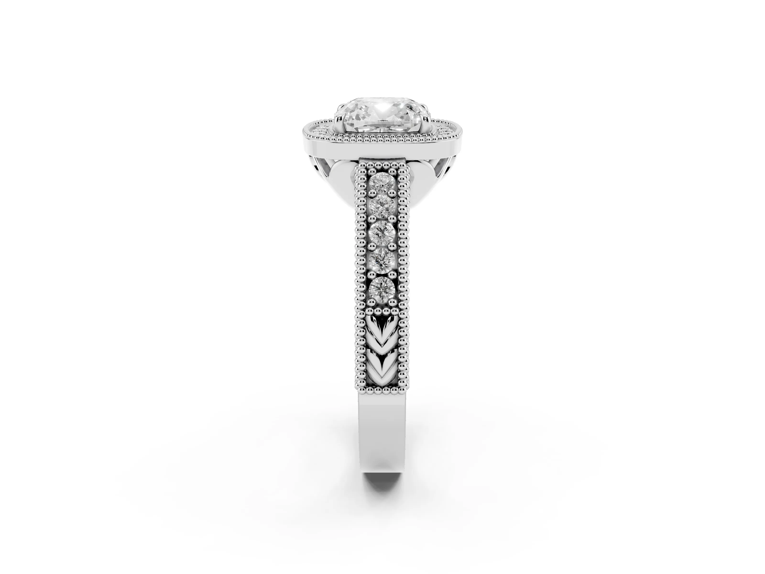 Cushion Cut Diamond Halo Ring Set in White gold with Round Accent Halo, Pavé Band and Prong Setting
