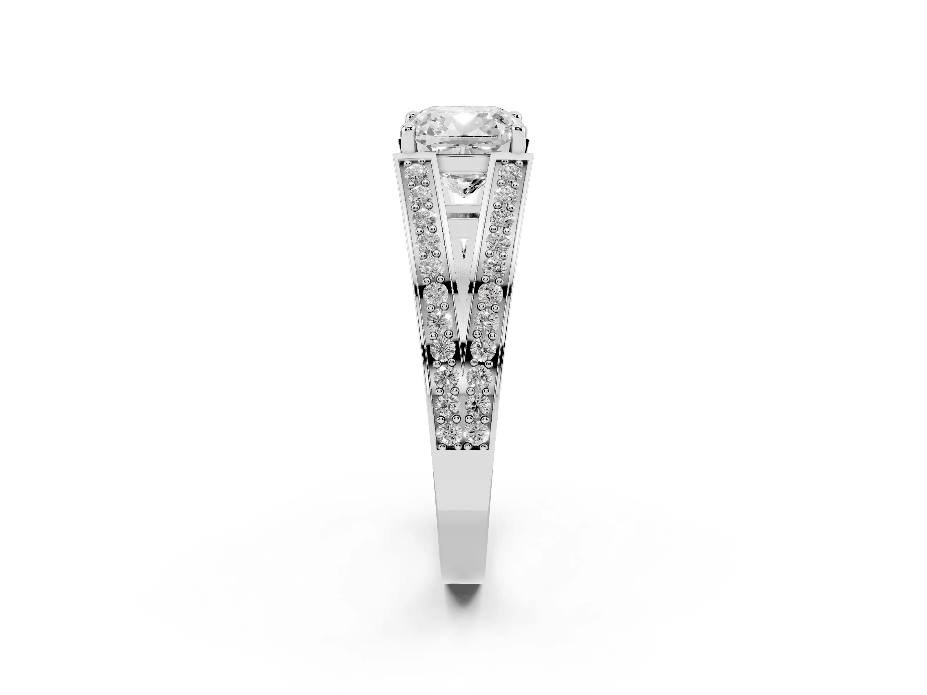 Cushion Cut Diamond Split Shank Ring Set in White gold with Pavé Band and Prong Setting