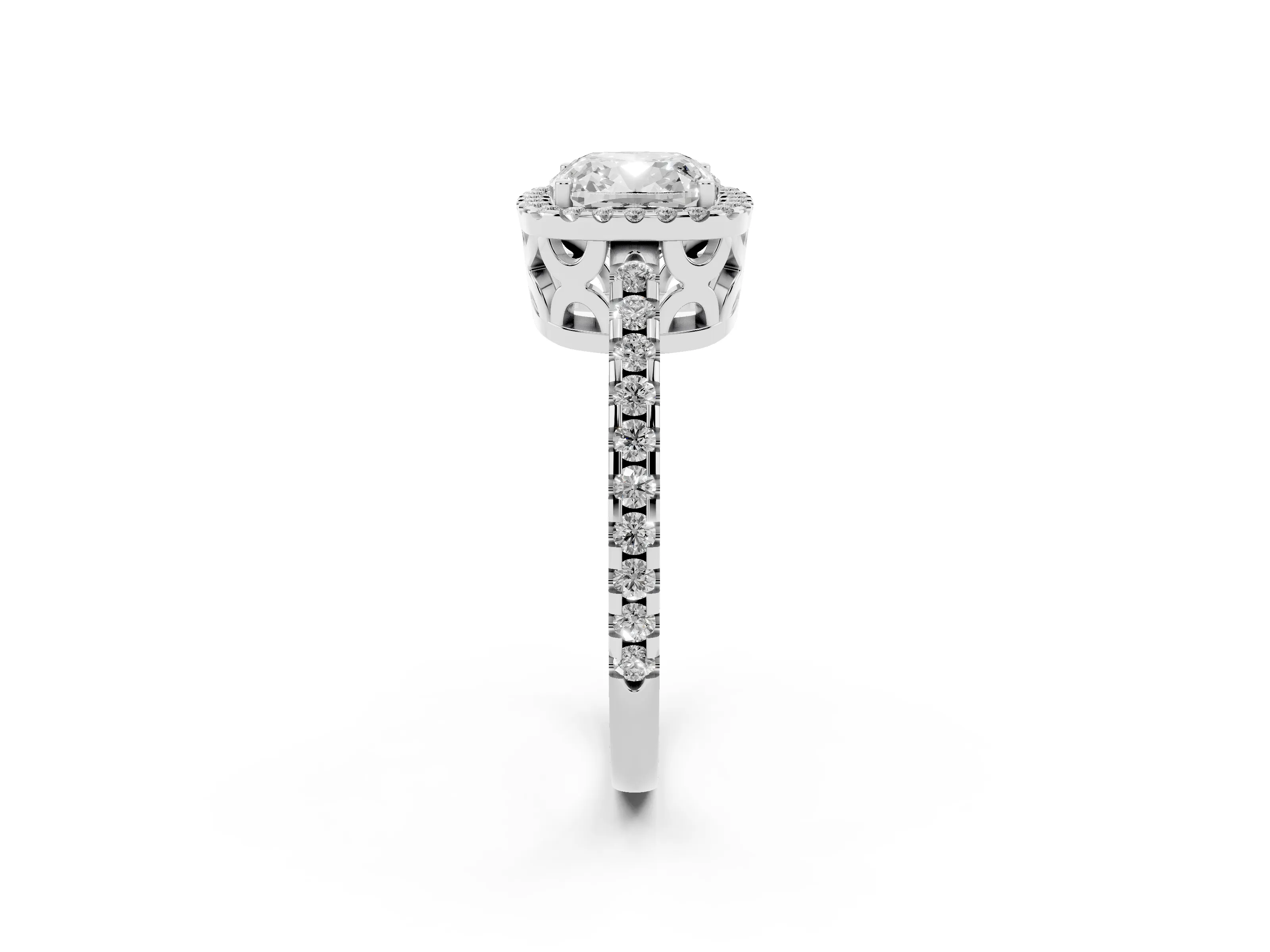 Cushion Cut Diamond Halo Ring Set in Platinum with Pavé Shoulders and Halo-Framed Center