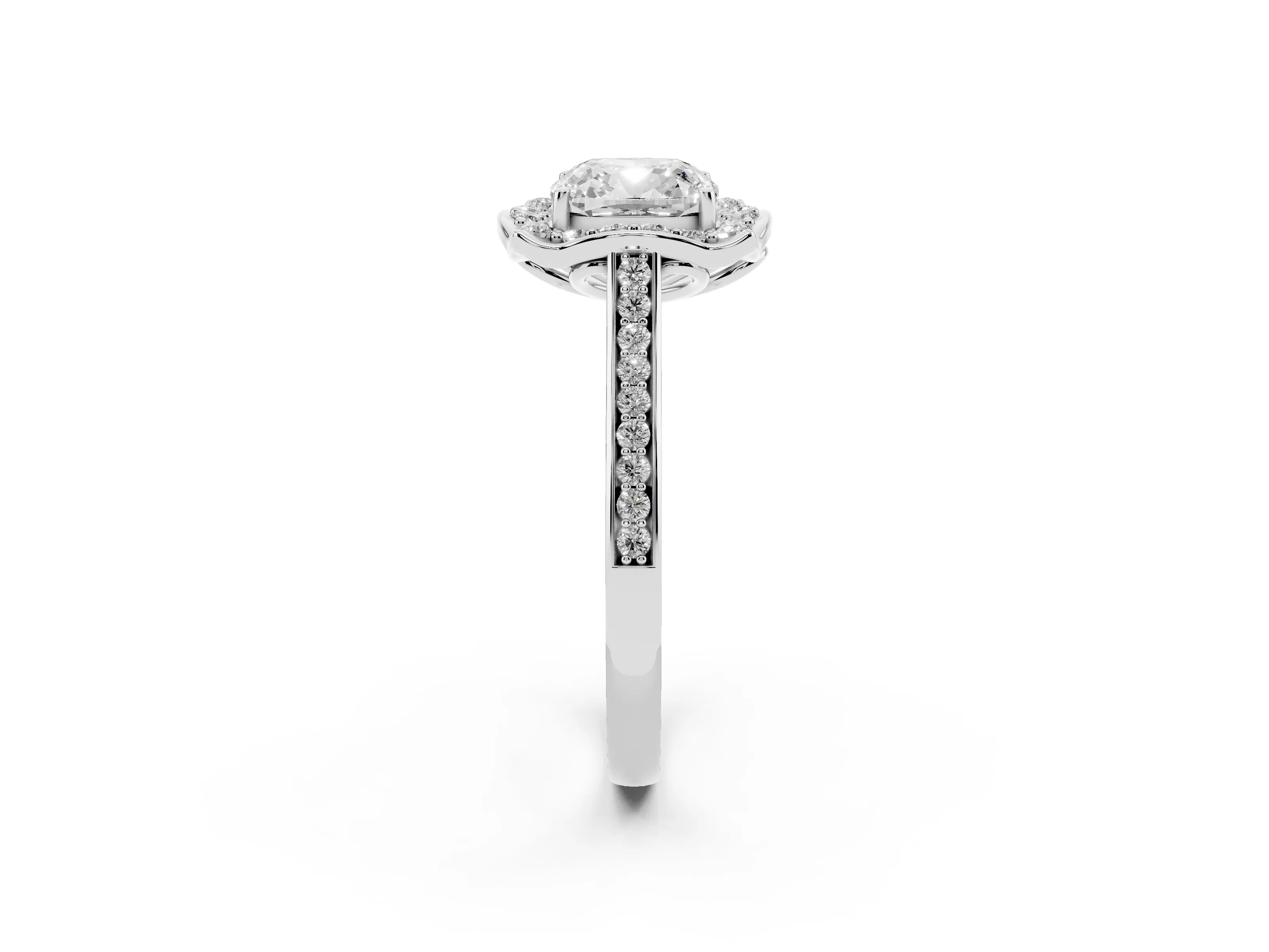 Cushion Cut Diamond Halo Ring Set in White gold with Pavé-Lined Shoulders and Prong Setting