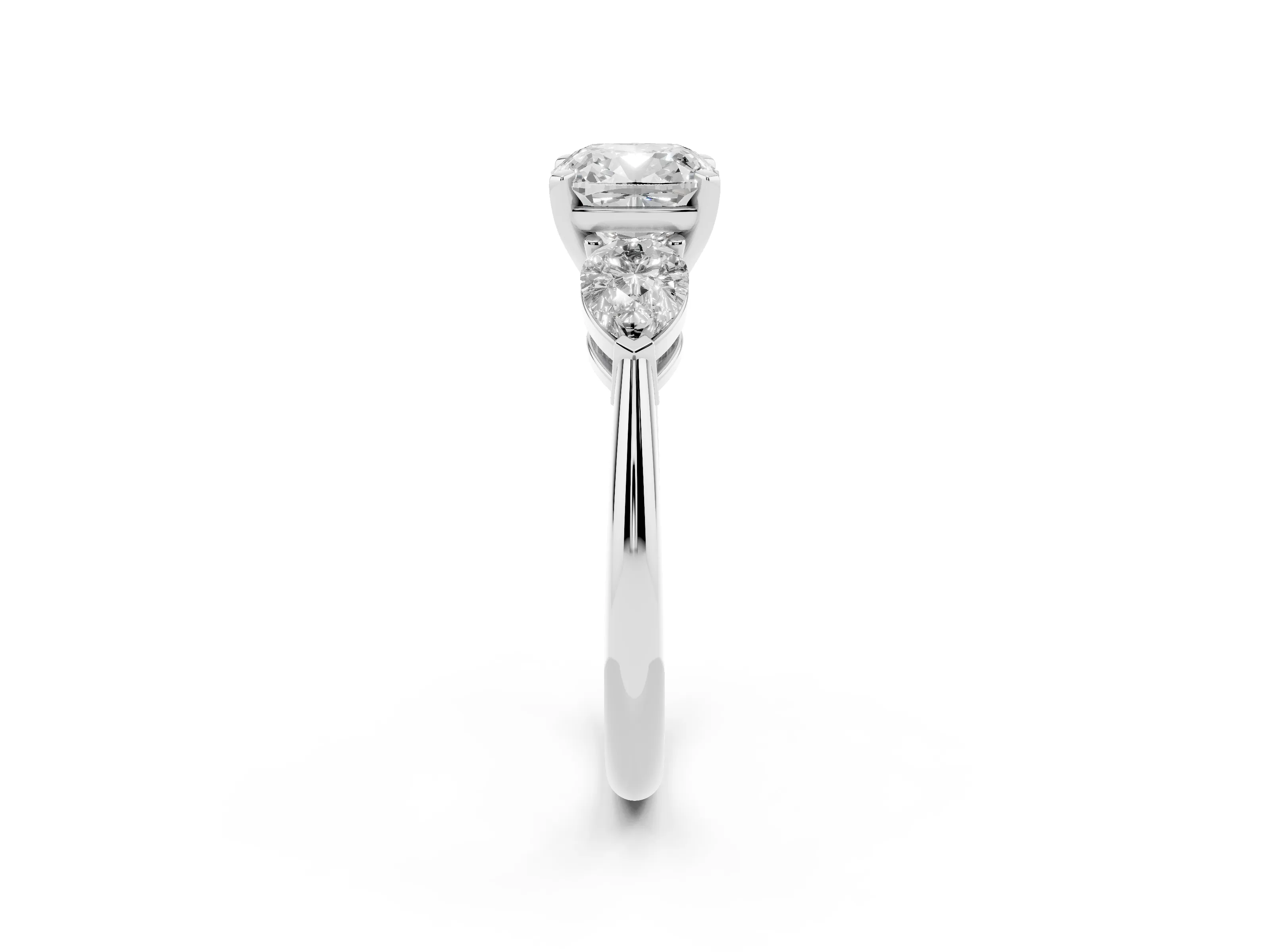 Three-Stone Cushion Cut Diamond Ring Set in Silver with Pear Side Stones and Prong Setting