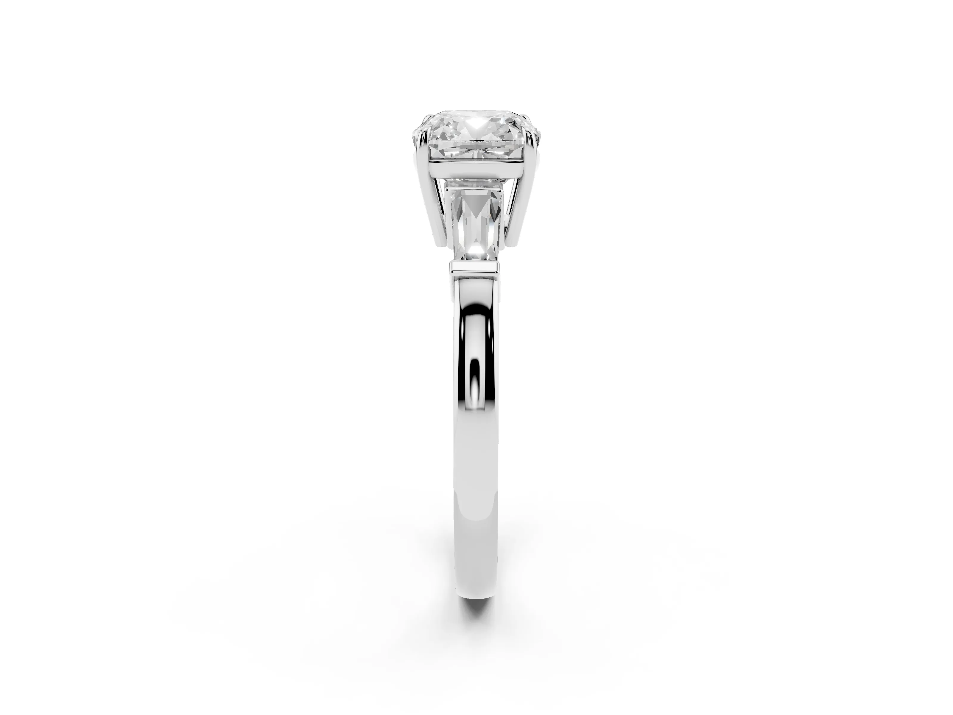 Cushion Cut Diamond Three-Stone Ring Set in Platinum with Tapered Baguette Side Stones and Prong Setting