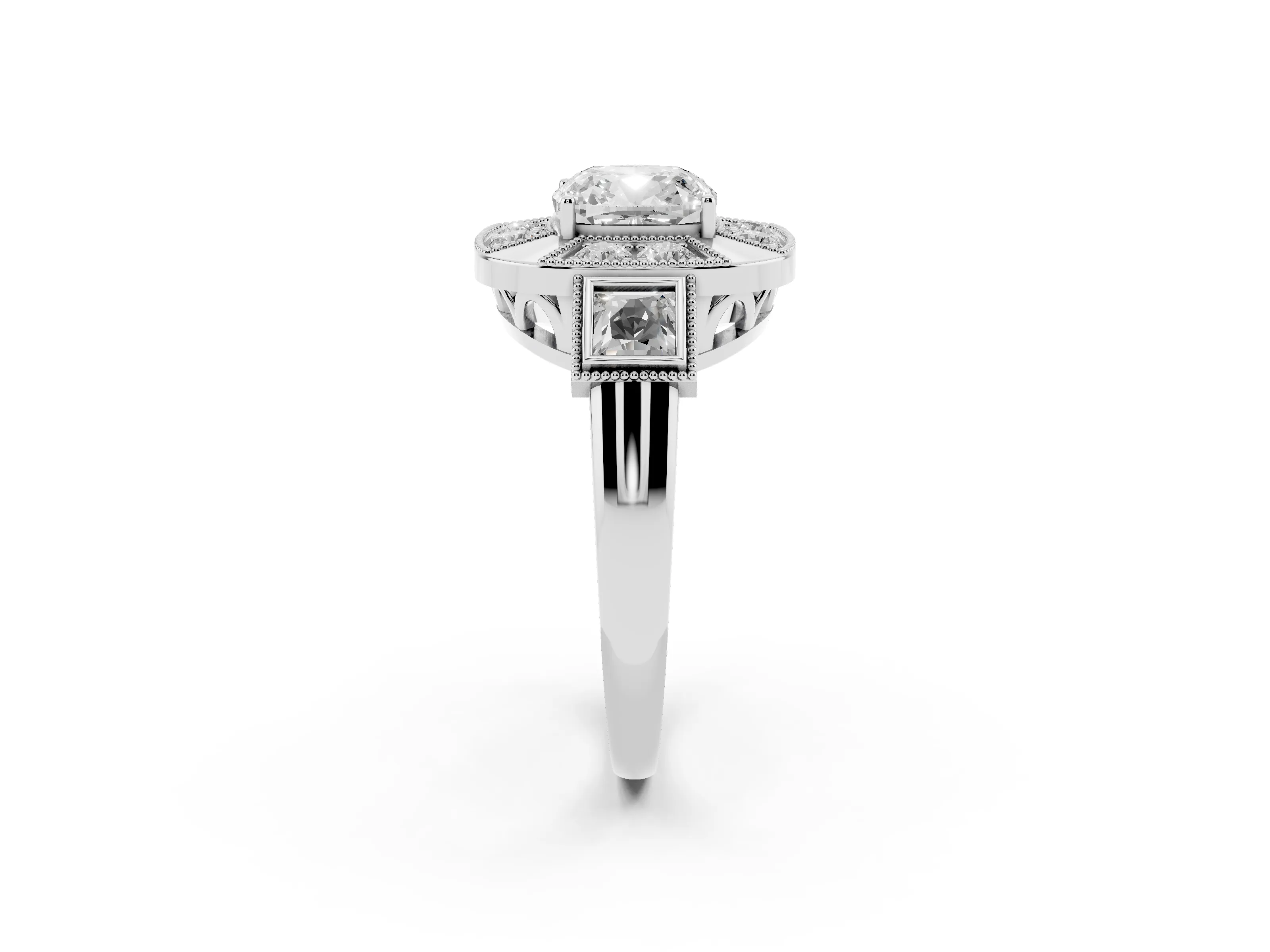 Cushion Cut Diamond Milgrain Halo Ring Set in Silver with Split Shank