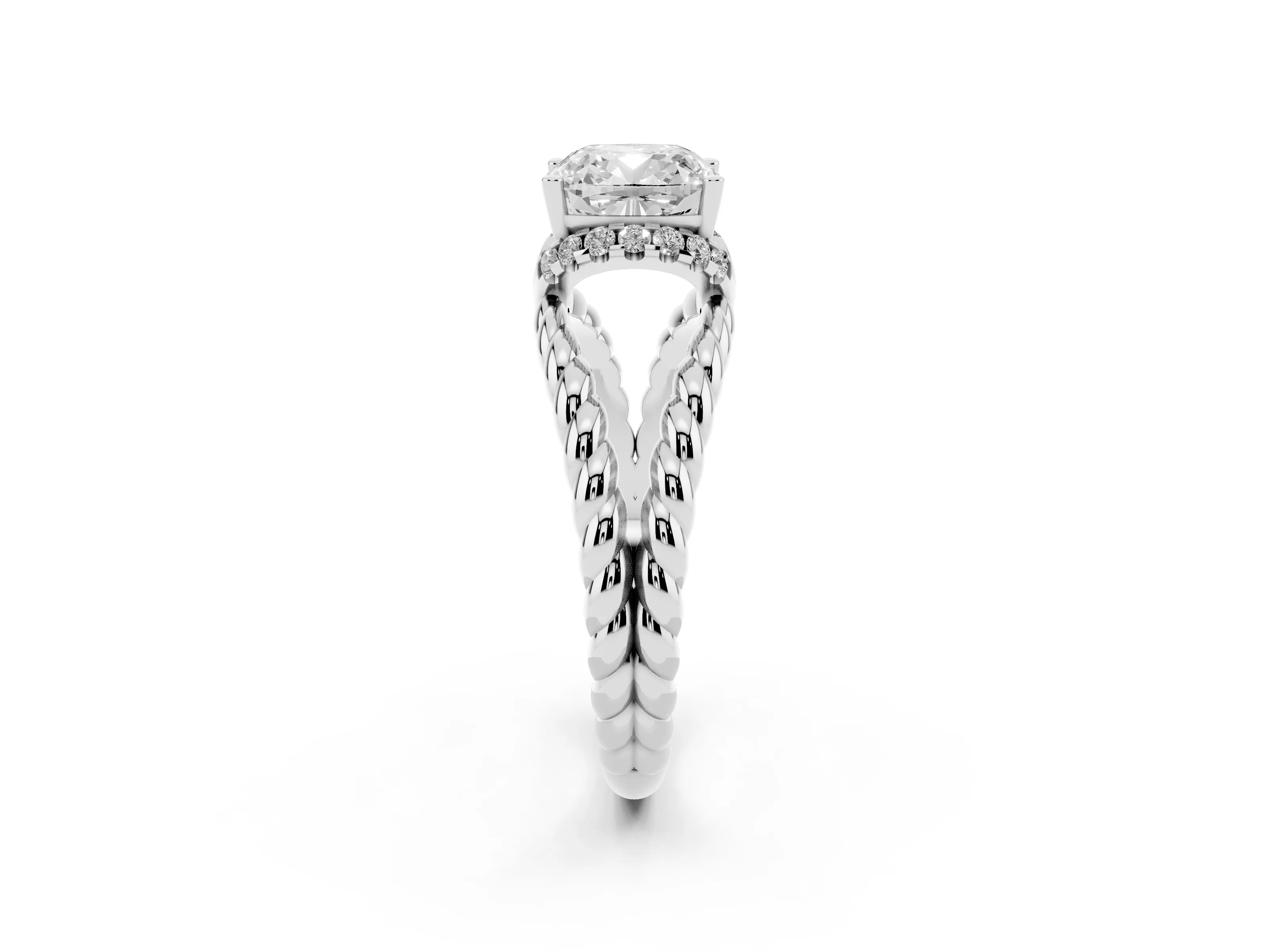 Cushion Cut Diamond Halo Ring Set in Platinum with Twisted Band and Prong Setting