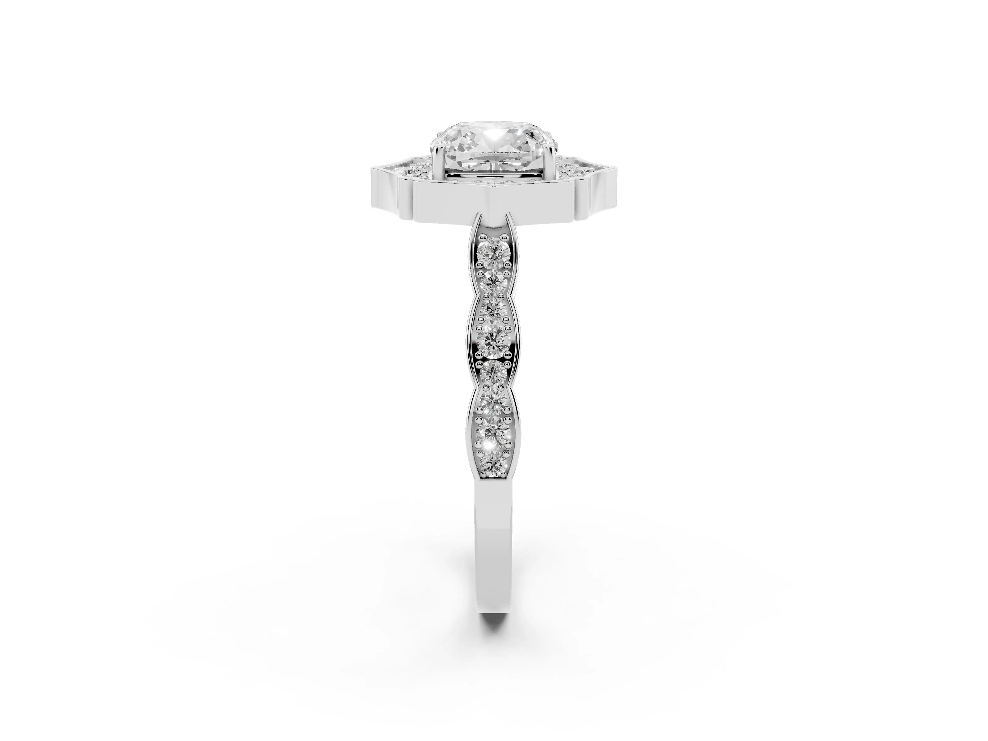 Cushion Cut Diamond Halo Engagement Ring Set in Platinum with Milgrain Band and Prong Setting