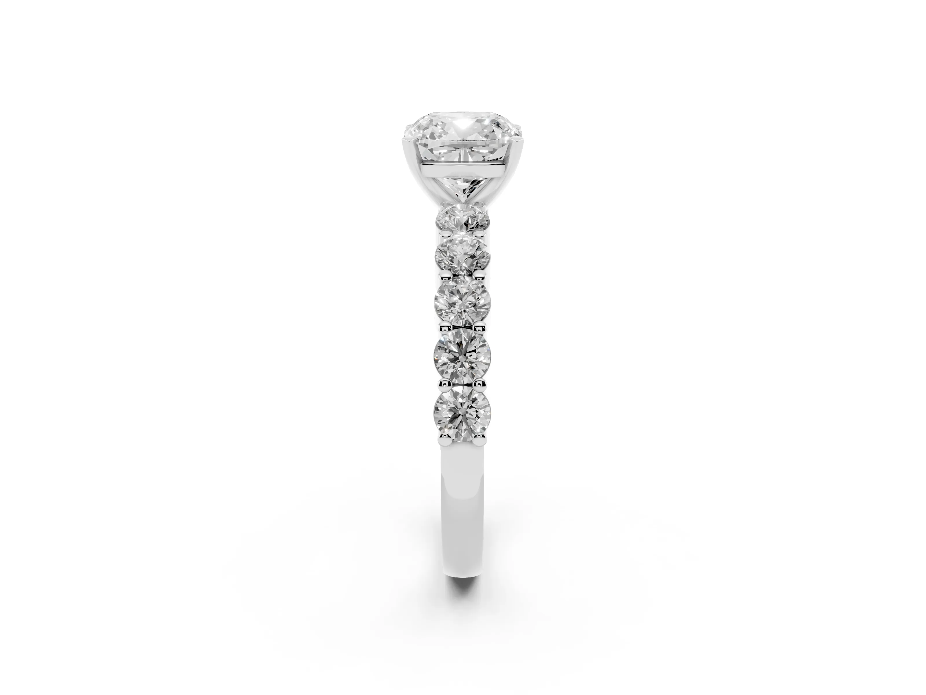 Cushion Cut Diamond Solitaire Ring Set in Platinum with Shared Prong Round Side Stones