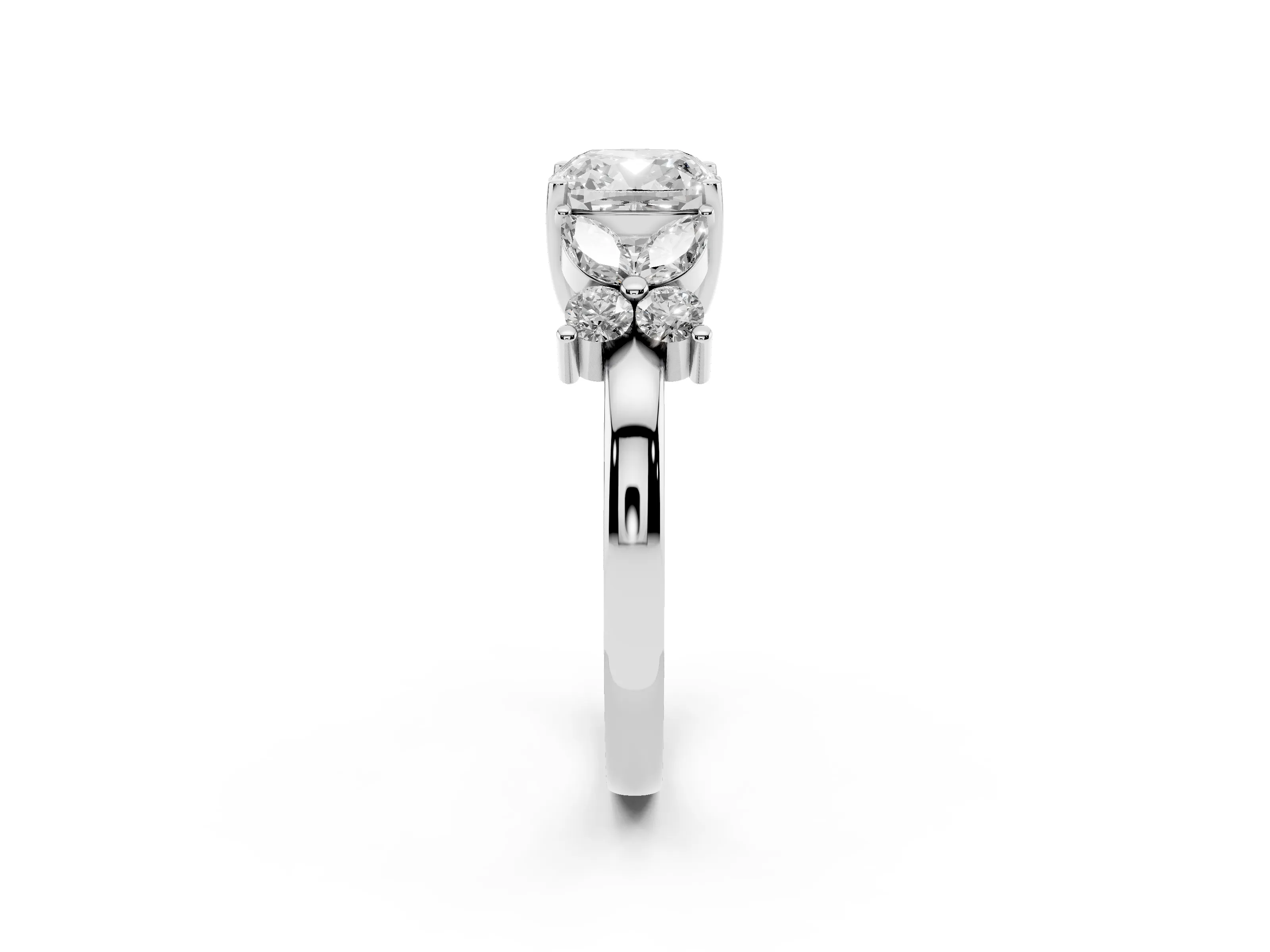 Cushion Cut Diamond Floral Cluster Ring Set in White gold with Marquise Petals and Prong Setting