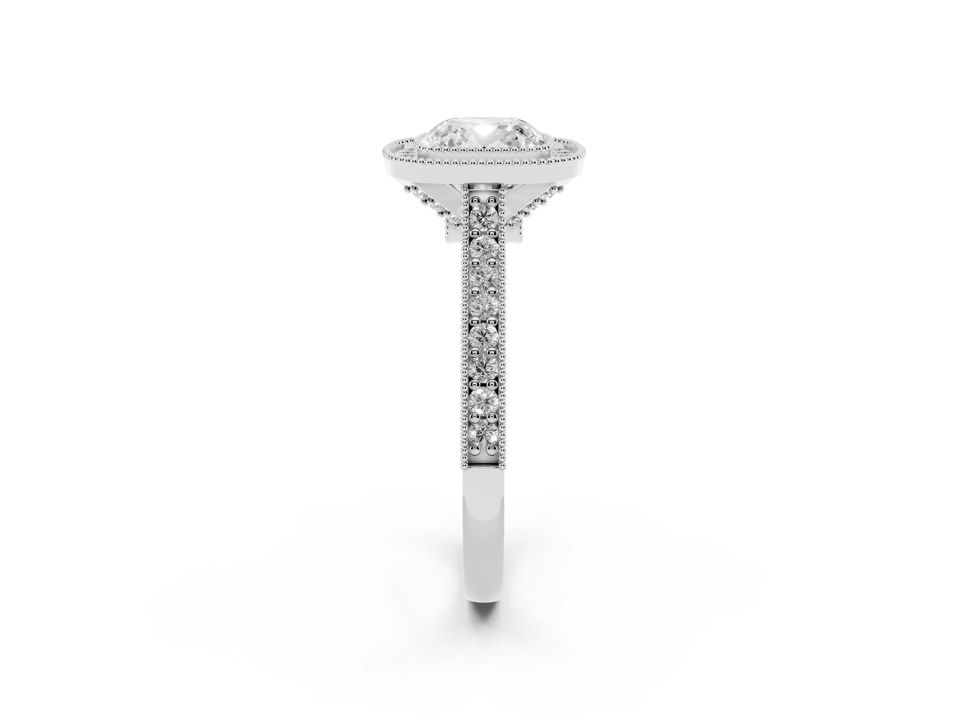 Cushion Cut Diamond Halo Milgrain Pavé Band Ring Set in Platinum with Prong Setting