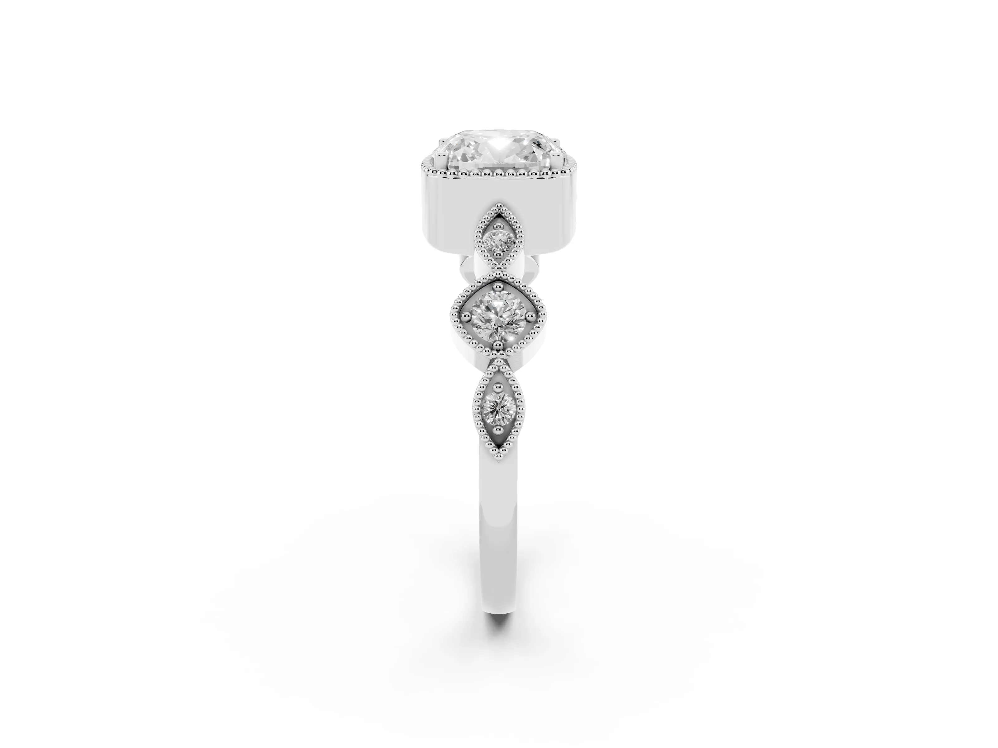 Cushion Cut Diamond Vintage-Inspired Milgrain Ring Set in Platinum with Marquise Stations of Round Accents