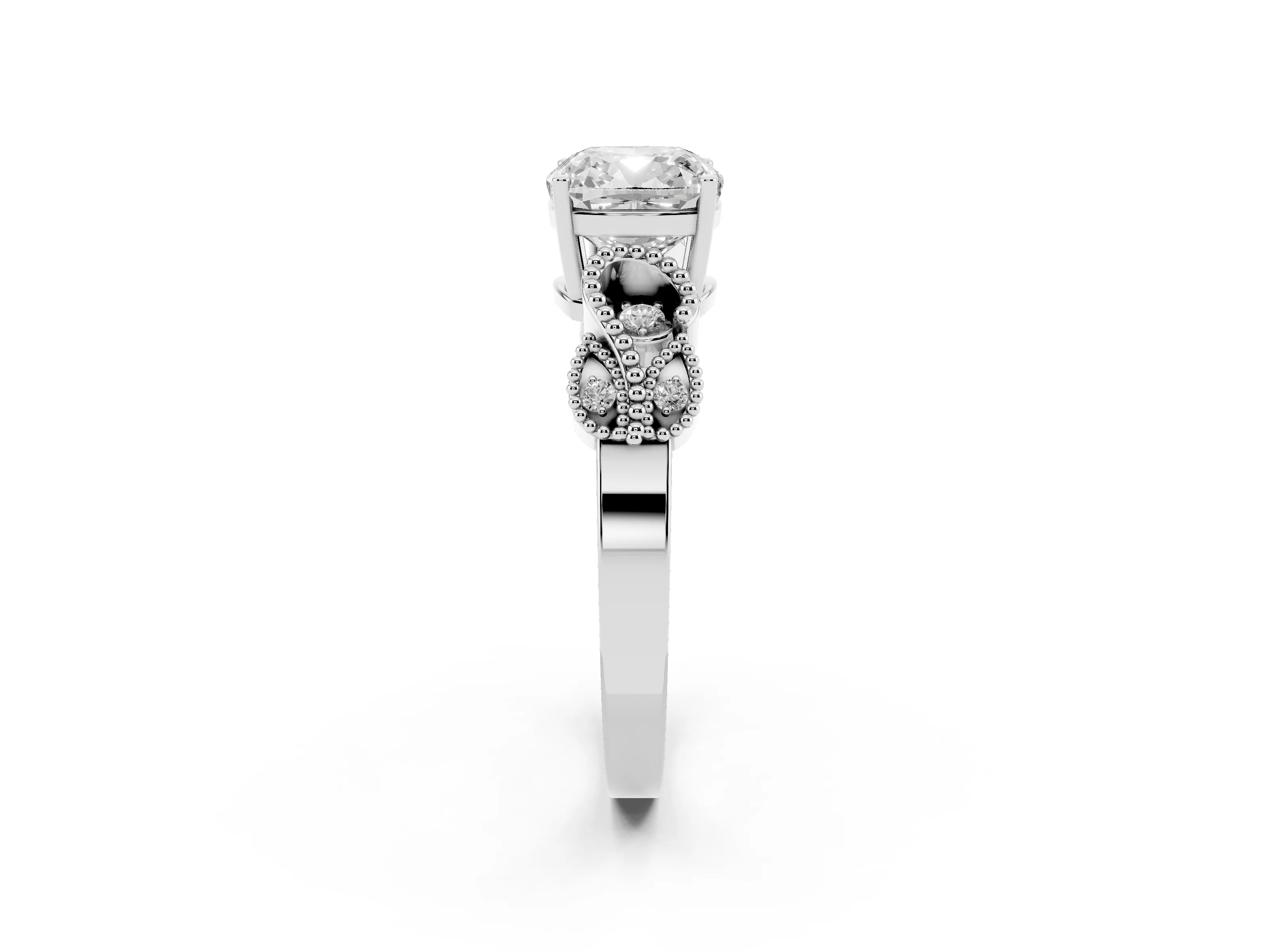 Cushion Cut Diamond Milgrain Leaf Band Solitaire Ring Set in Silver with Accent Stones and Prong Setting