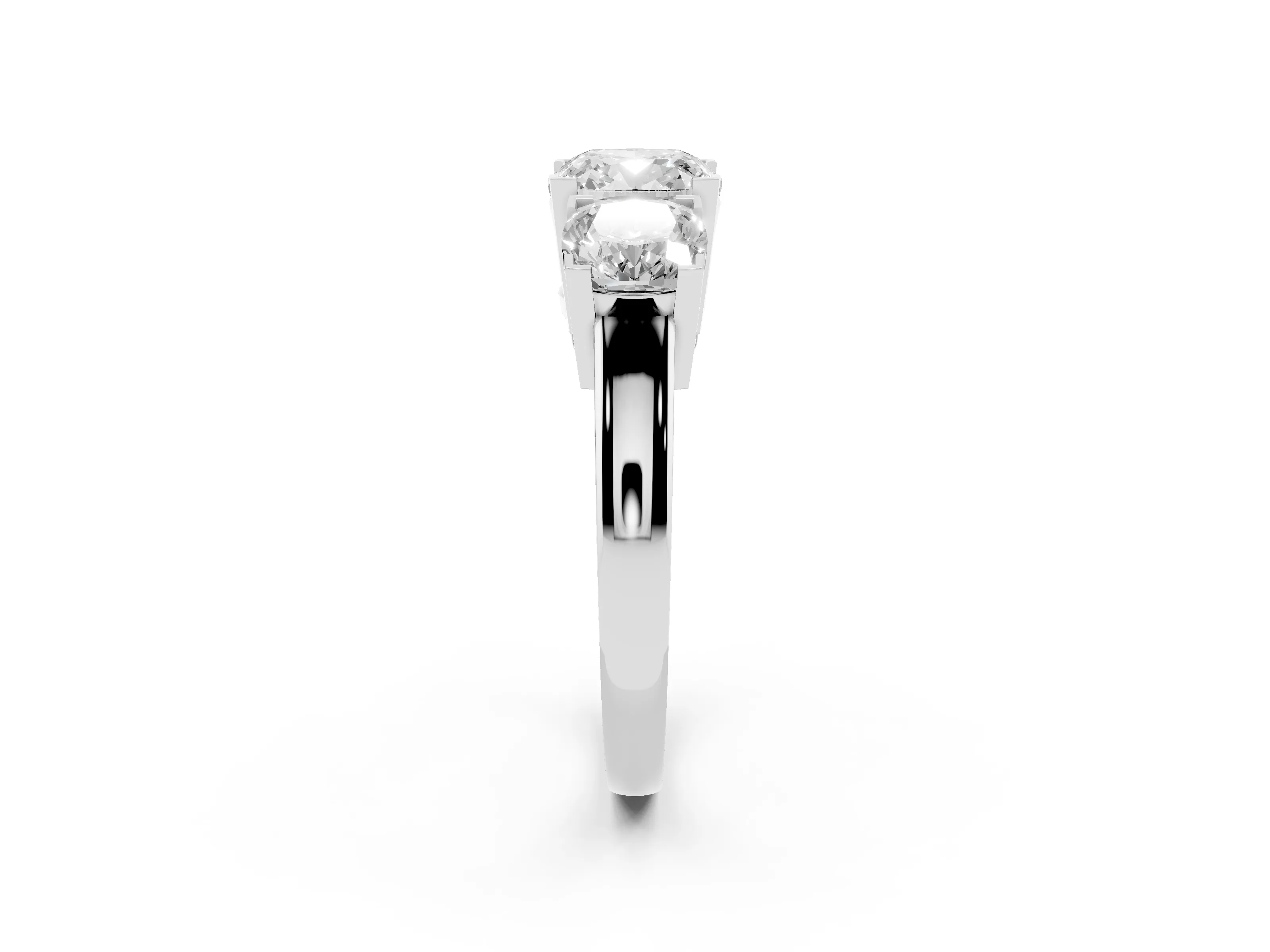 Cushion Cut Diamond Three-Stone Ring Set in Silver with Channel-Set Band and Prong Settings