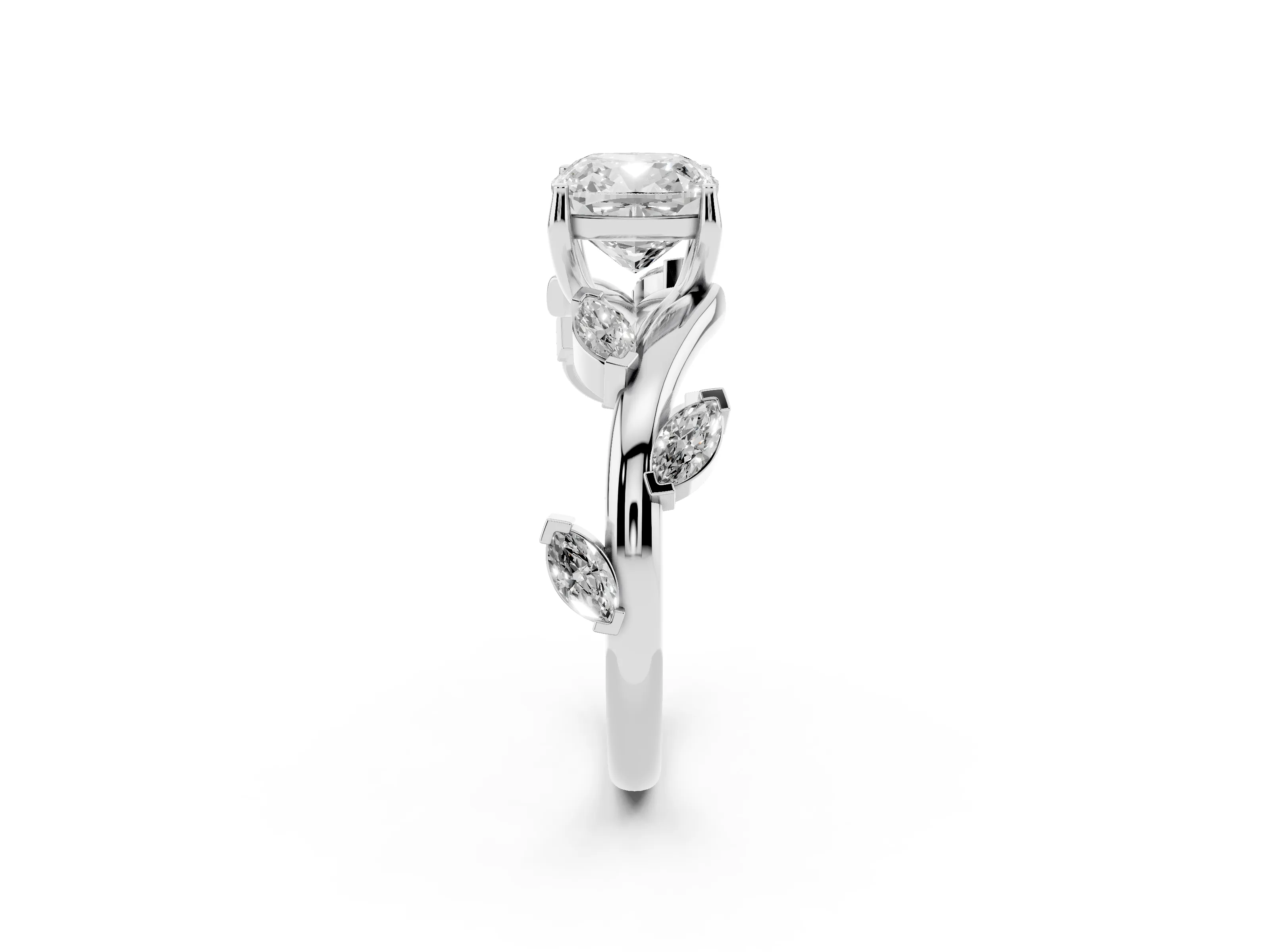 Cushion Cut Diamond Solitaire Ring Set in White gold with Twisted Marquise Accent Band