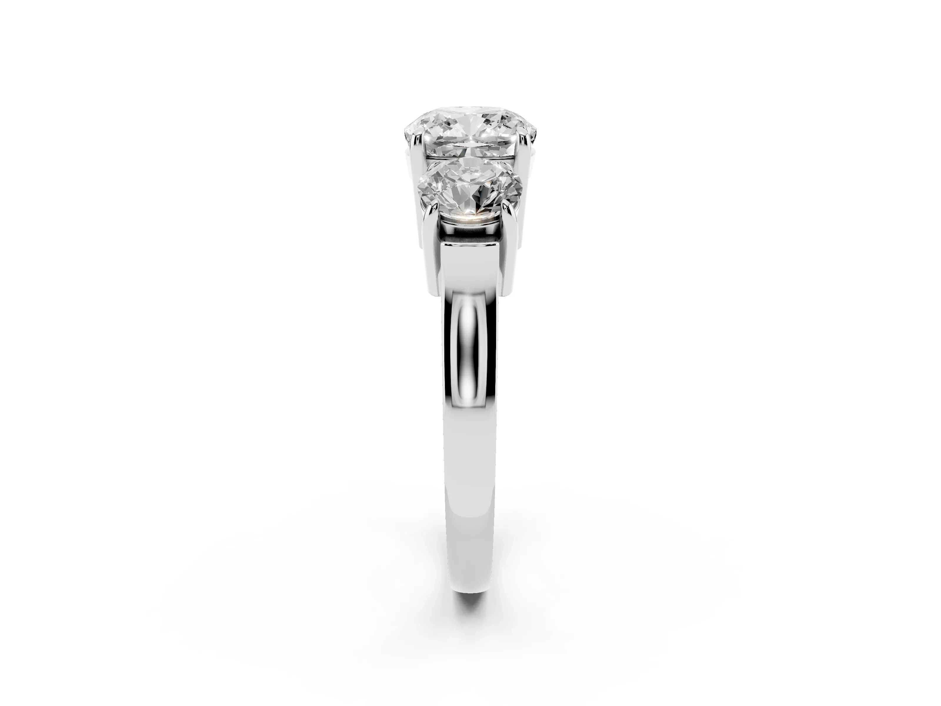 Cushion Cut Diamond Three-Stone Ring Set in Platinum with Round Accent Stones and Plain Band