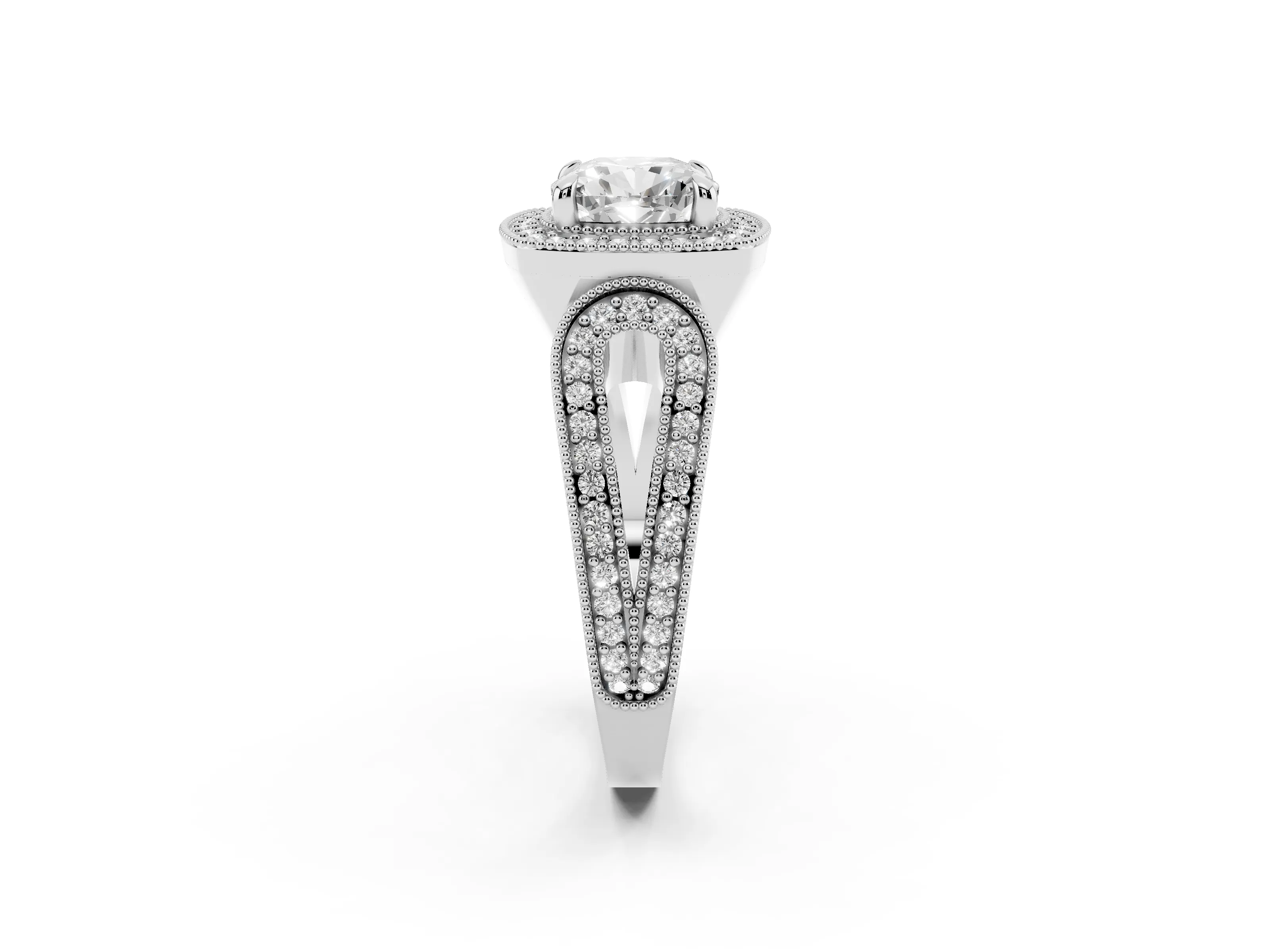 Cushion Cut Diamond Halo Ring Set in Silver with Milgrain Accent Split Shank