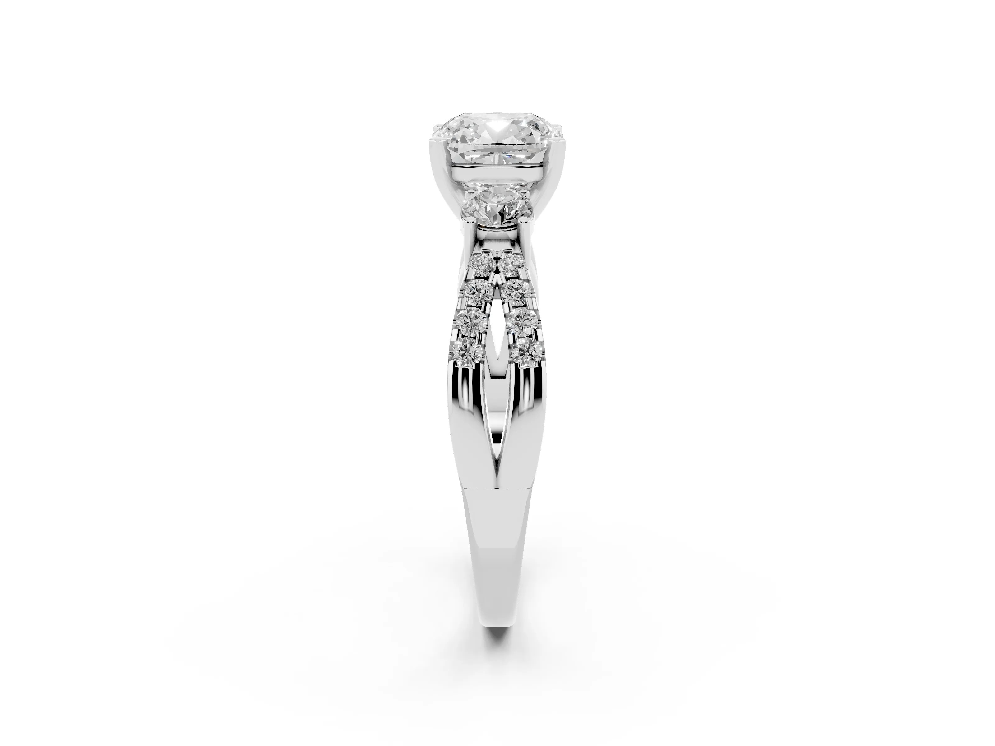 Cushion Cut Diamond Three-Stone Ring Set in Silver with Pavé Split Shank and Prong Setting