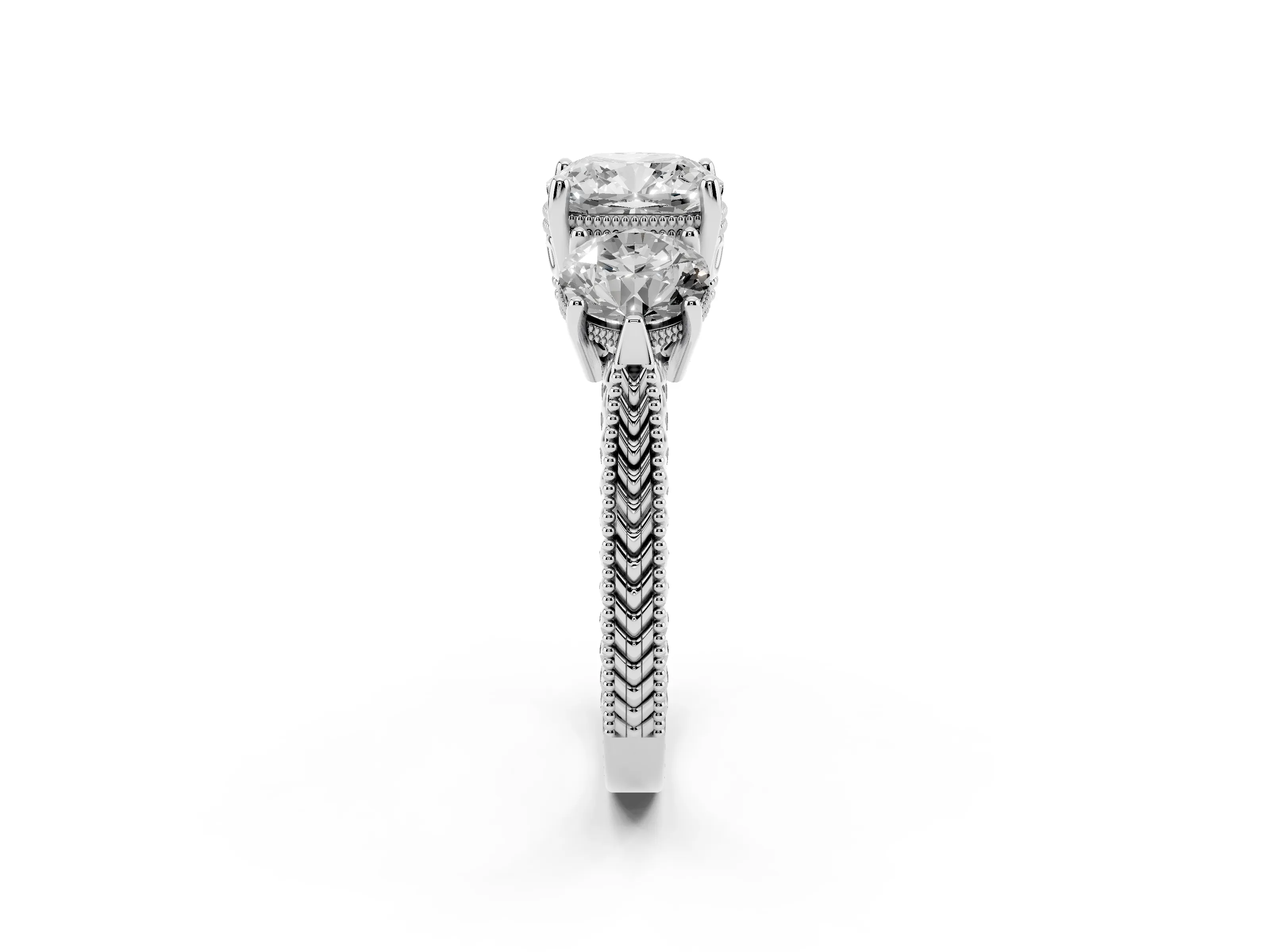 Cushion Cut Diamond Three-Stone Ring Set in Silver with Milgrain Band