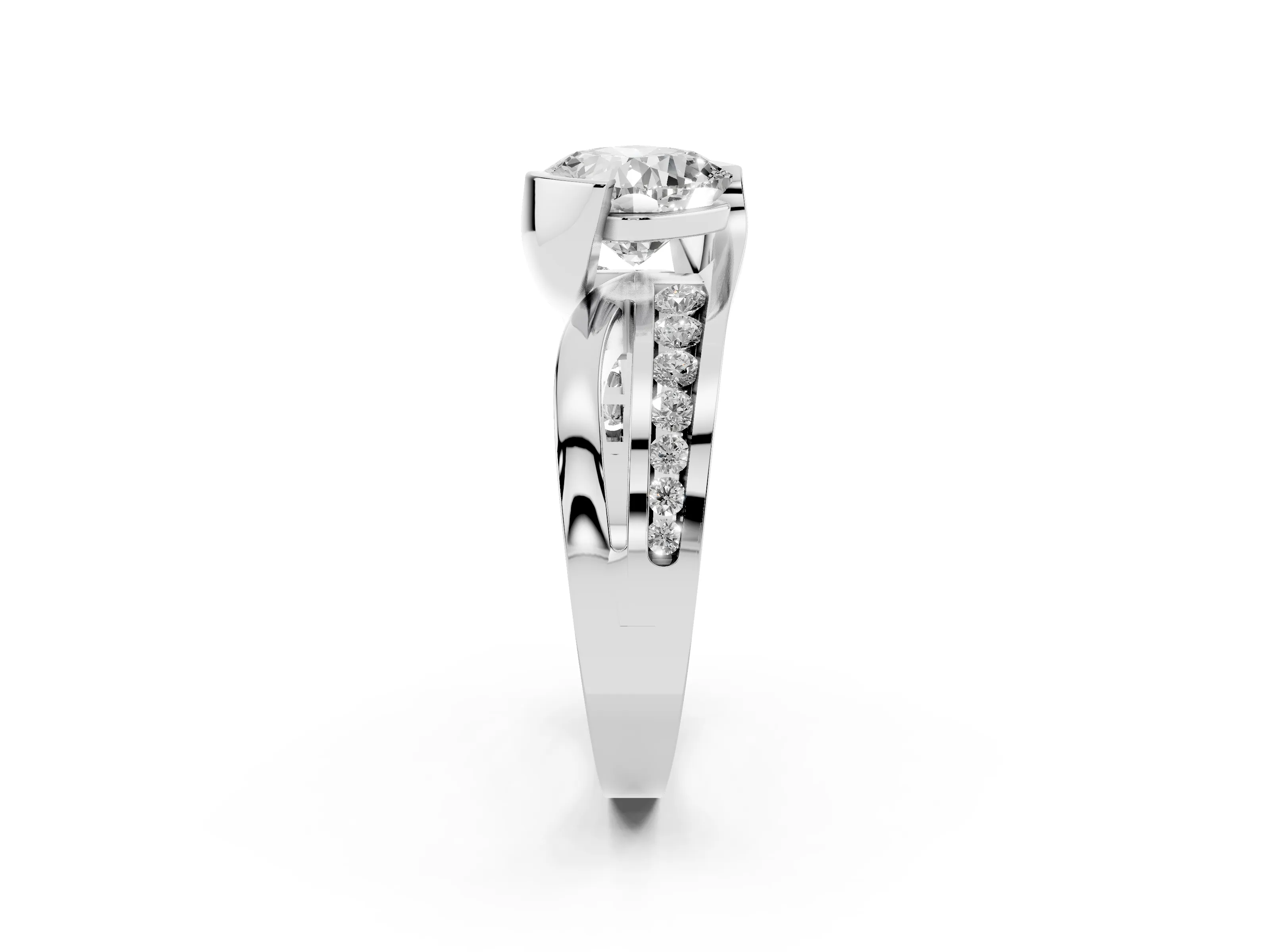 Cushion Cut Diamond Solitaire Ring Set in Silver with Channel Set Split Shank and Tension Prongs